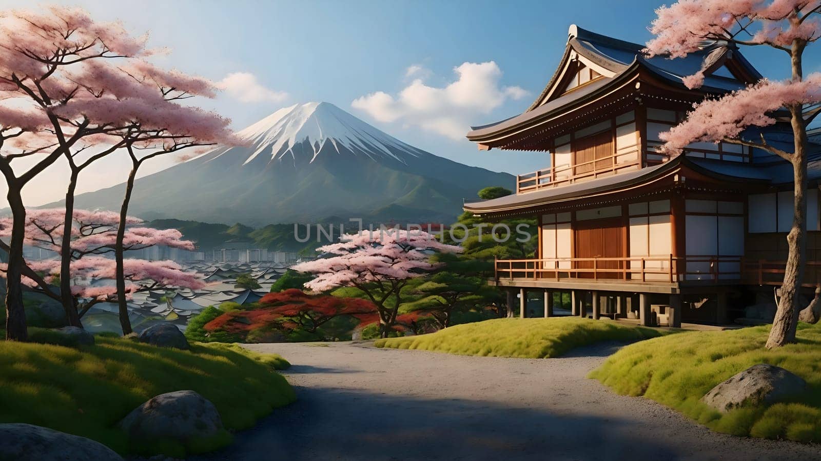 A traditional Japanese house is adorned with blooming cherry blossoms, with the iconic Mount Fuji rising majestically in the distance under a clear sky. The scene captures the beauty of spring.
