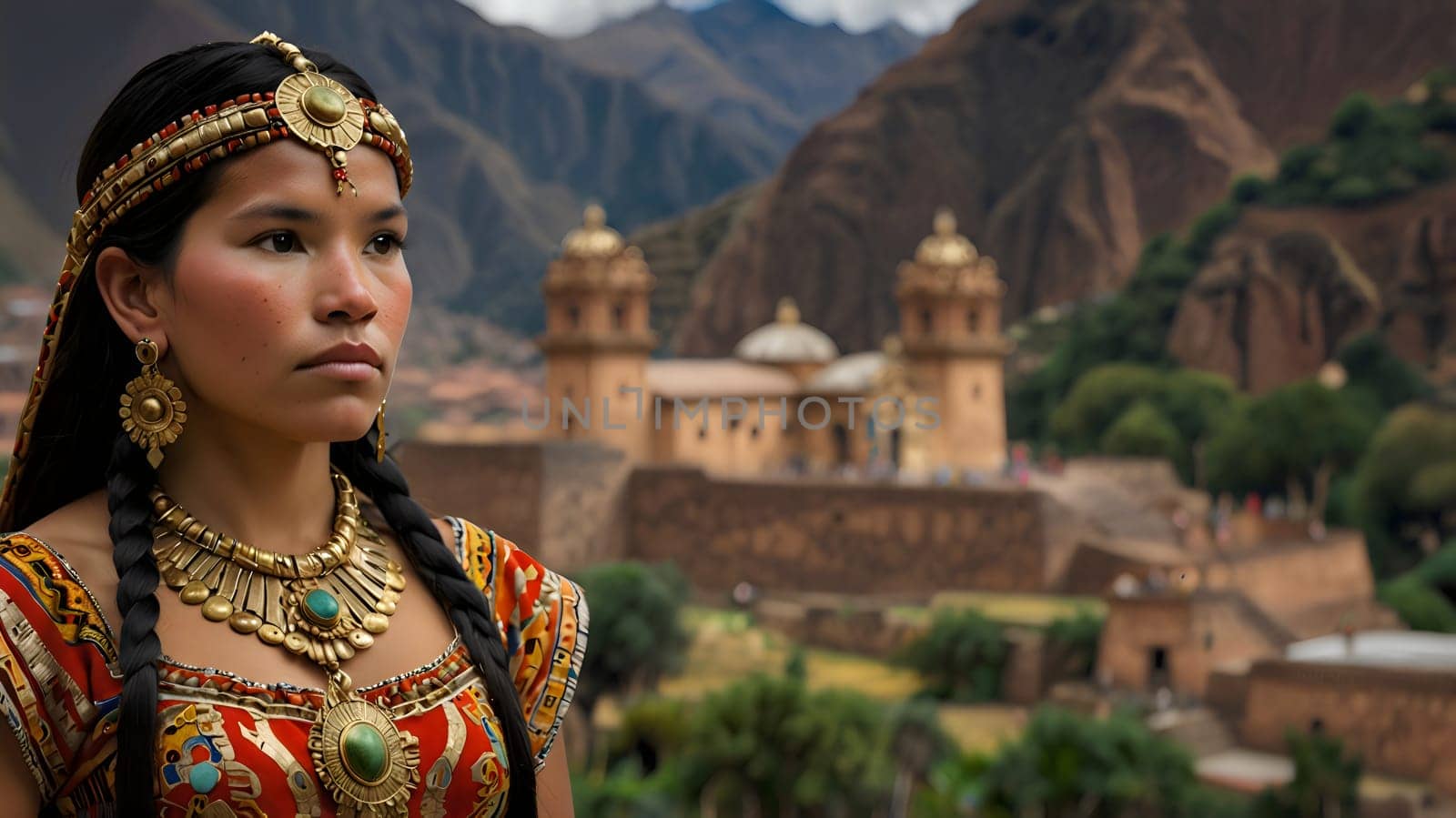 A woman dressed in vibrant traditional clothing stands poised with an expression of pride, set against the stunning backdrop of the Andes mountains near a historic site in Peru.