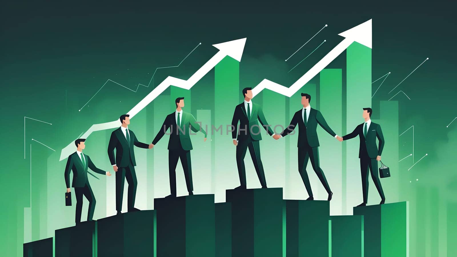 A group of business professionals in formal attire demonstrates teamwork and collaboration in a modern financial environment.