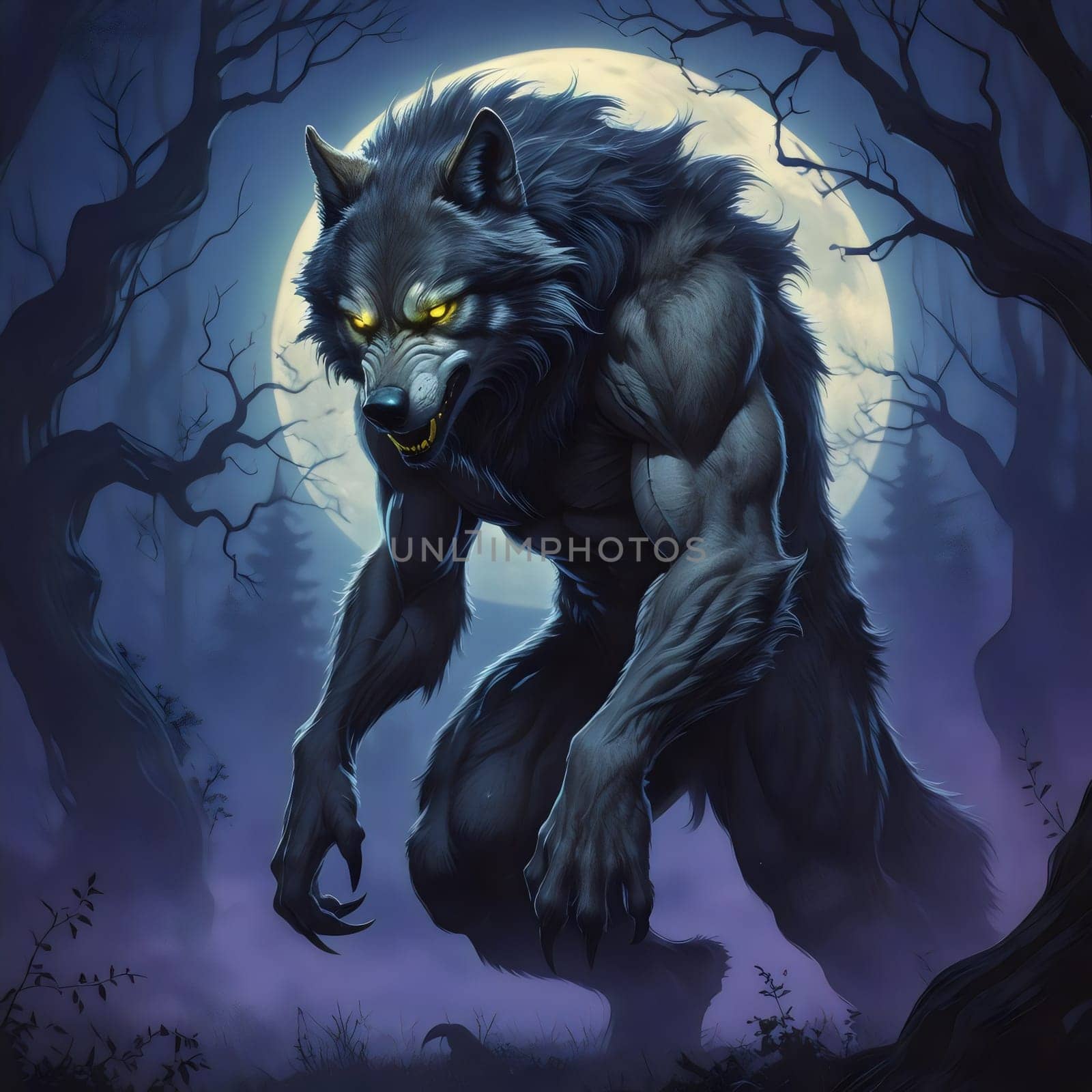 A menacing werewolf stands in a dark forest illuminated by a full moon. Its glowing eyes pierce the darkness as it prepares to pounce, surrounded by twisted trees.