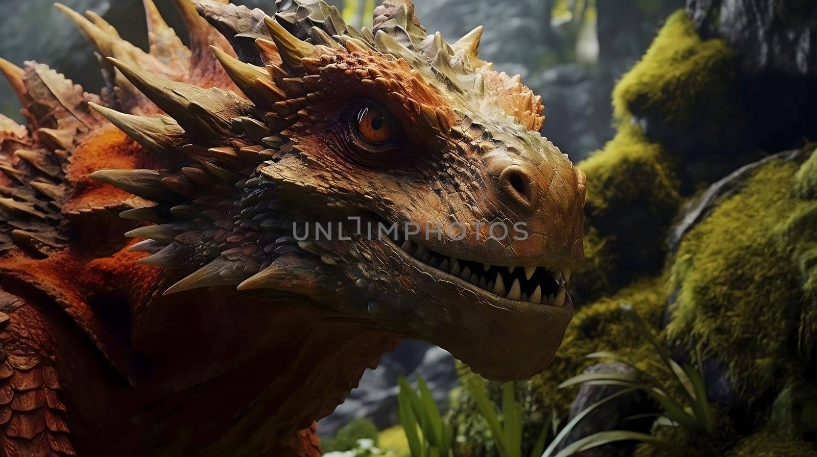 A detailed dragon with red and orange scales rests amidst green foliage in a rich forest setting under bright natural light. The majestic creature embodies strength and serenity.