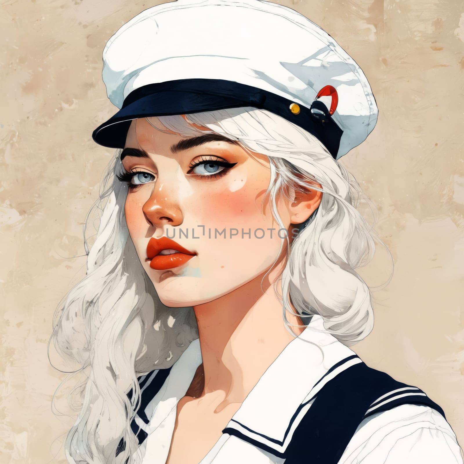 Woman sailor poses with confidence, wearing a stylish navy striped outfit and a distinctive white sailor hat, her striking features emphasized against a soft background, embodying maritime elegance.