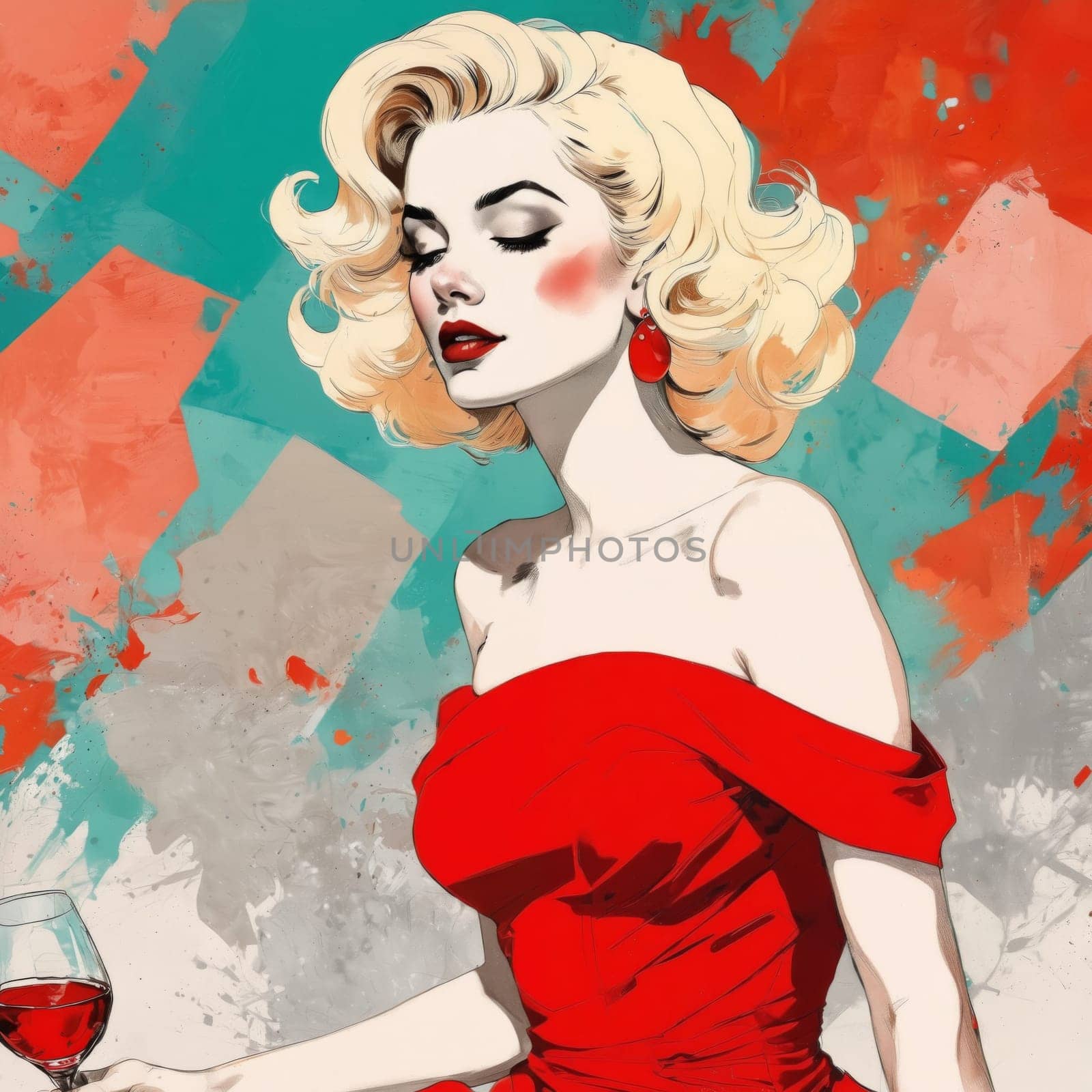 A blonde woman with a Monroe inspired hairstyle sips wine while wearing an elegant red off shoulder dress, surrounded by a colorful abstract backdrop filled with bold shapes.