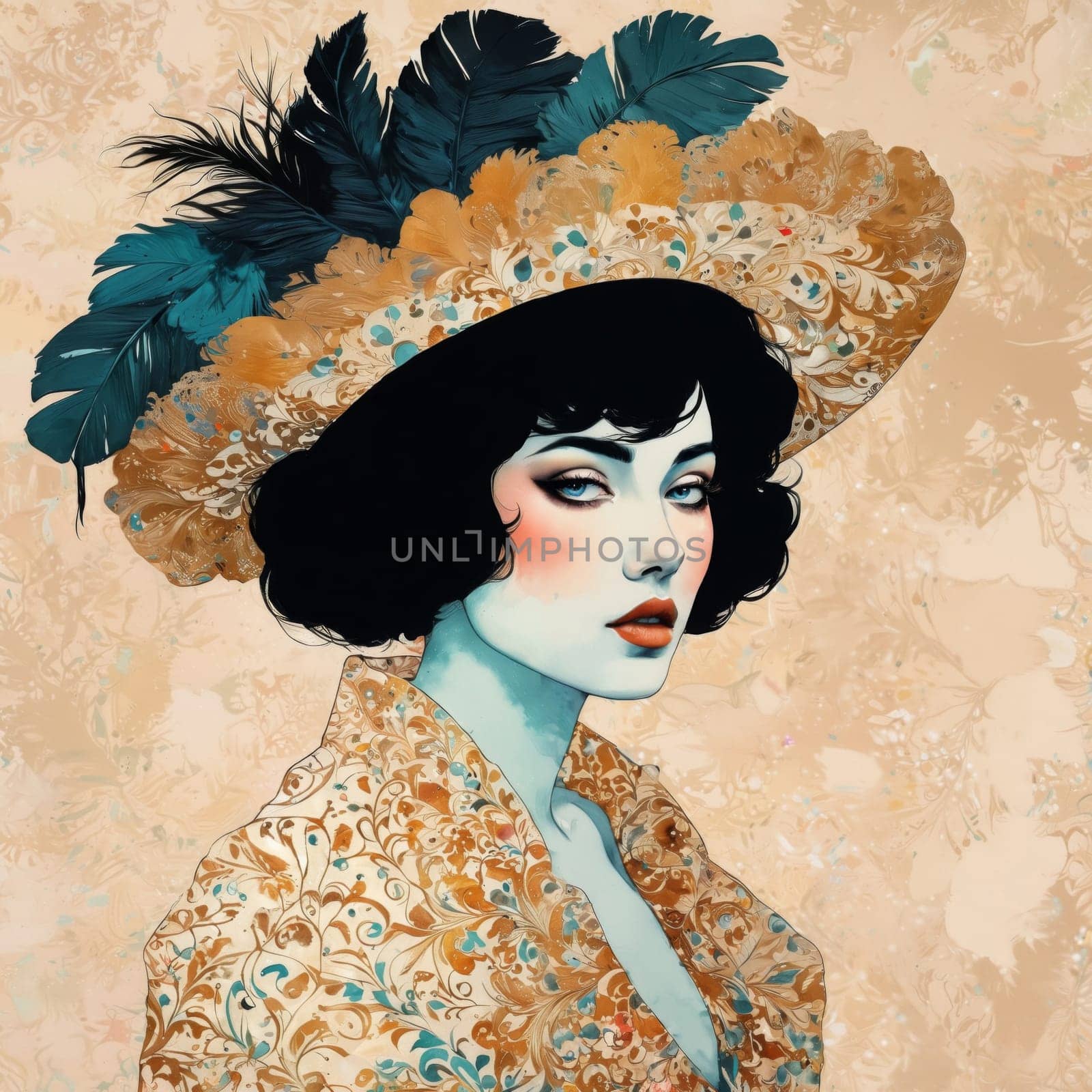 Victorian era lady stands gracefully, wearing a detailed hat embellished with feathers and ornate patterns. Her expression conveys confidence and sophistication typical of the late 1800s.