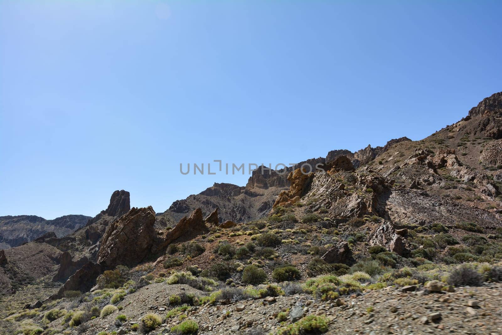 Gigantic rocks in the volcanic landscape in El Teide National Park on the Canary Island of Tenerife, Spain