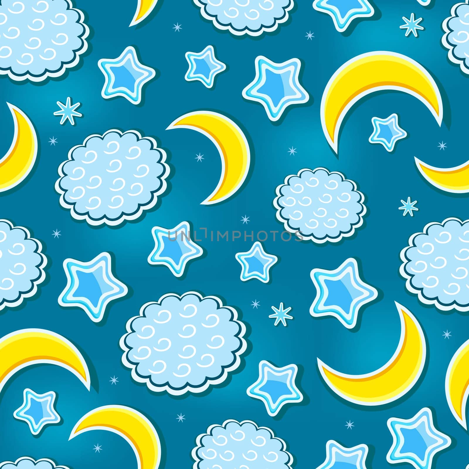 Blue Green Night Sky Seamless Pattern with Star, Fluffy Cloud and Yellow Crescents. Vector Background