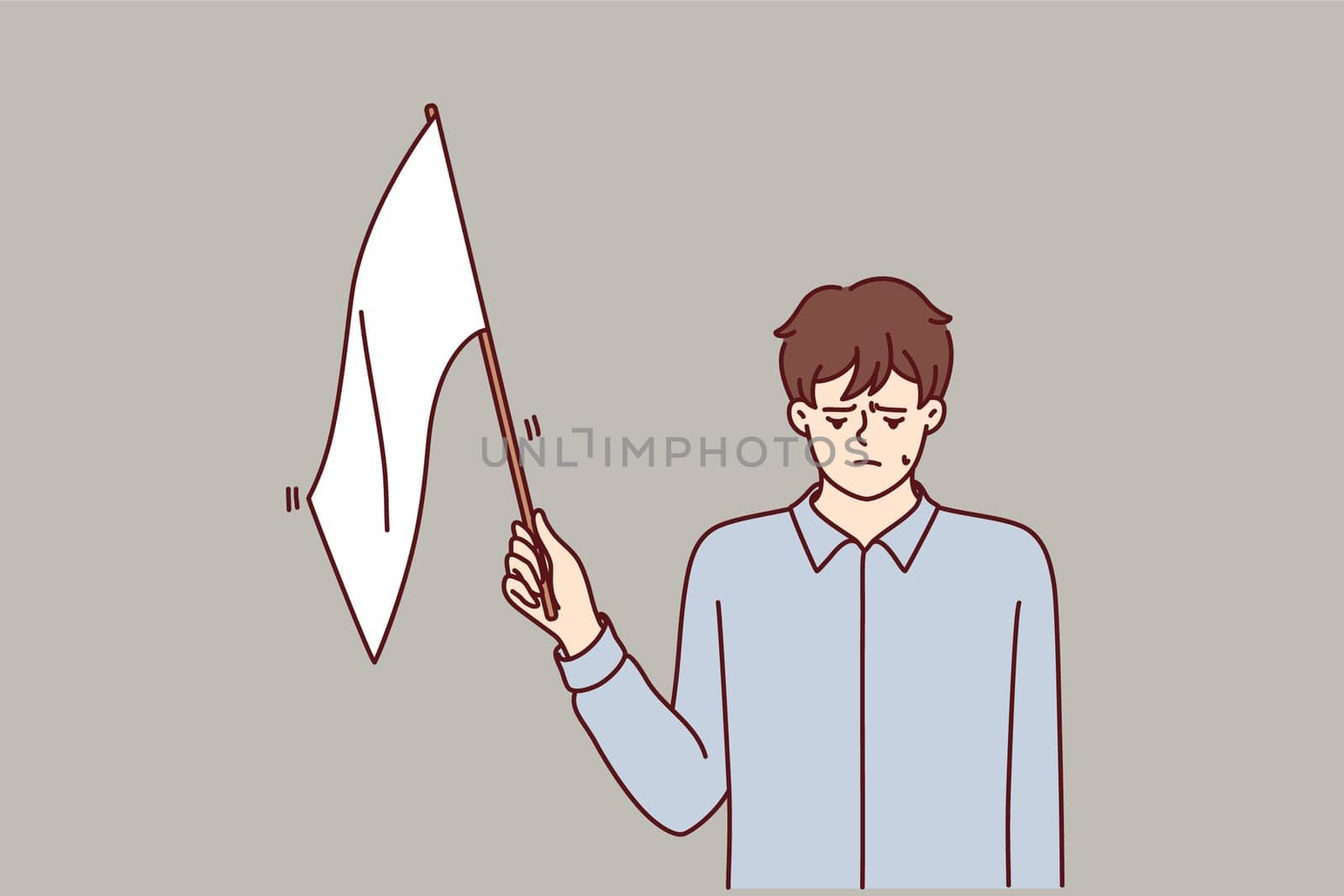 Man with white flag gives up, admitting own defeat due to lack of strength and motivation to fight and achieve goals. White flag guy stands put head down after bankruptcy or dismissal
