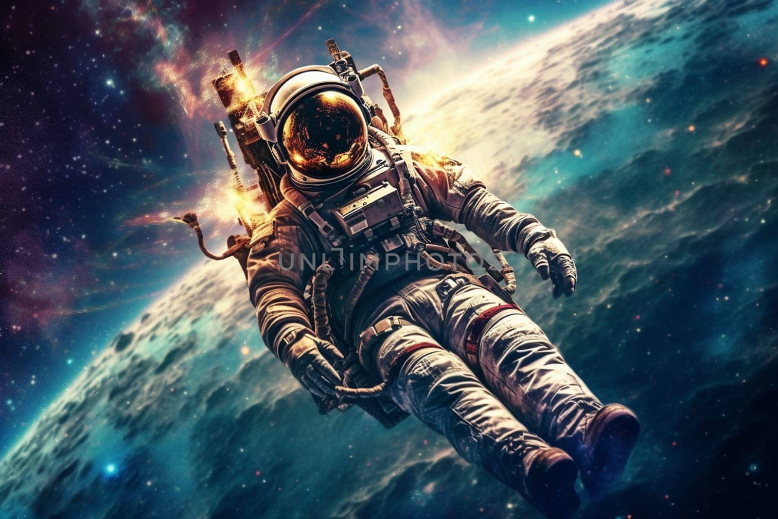 Astronaut wearing a spacesuit, travel to a new galaxy, planet earth from the space, exploration of the cosmos, generative AI