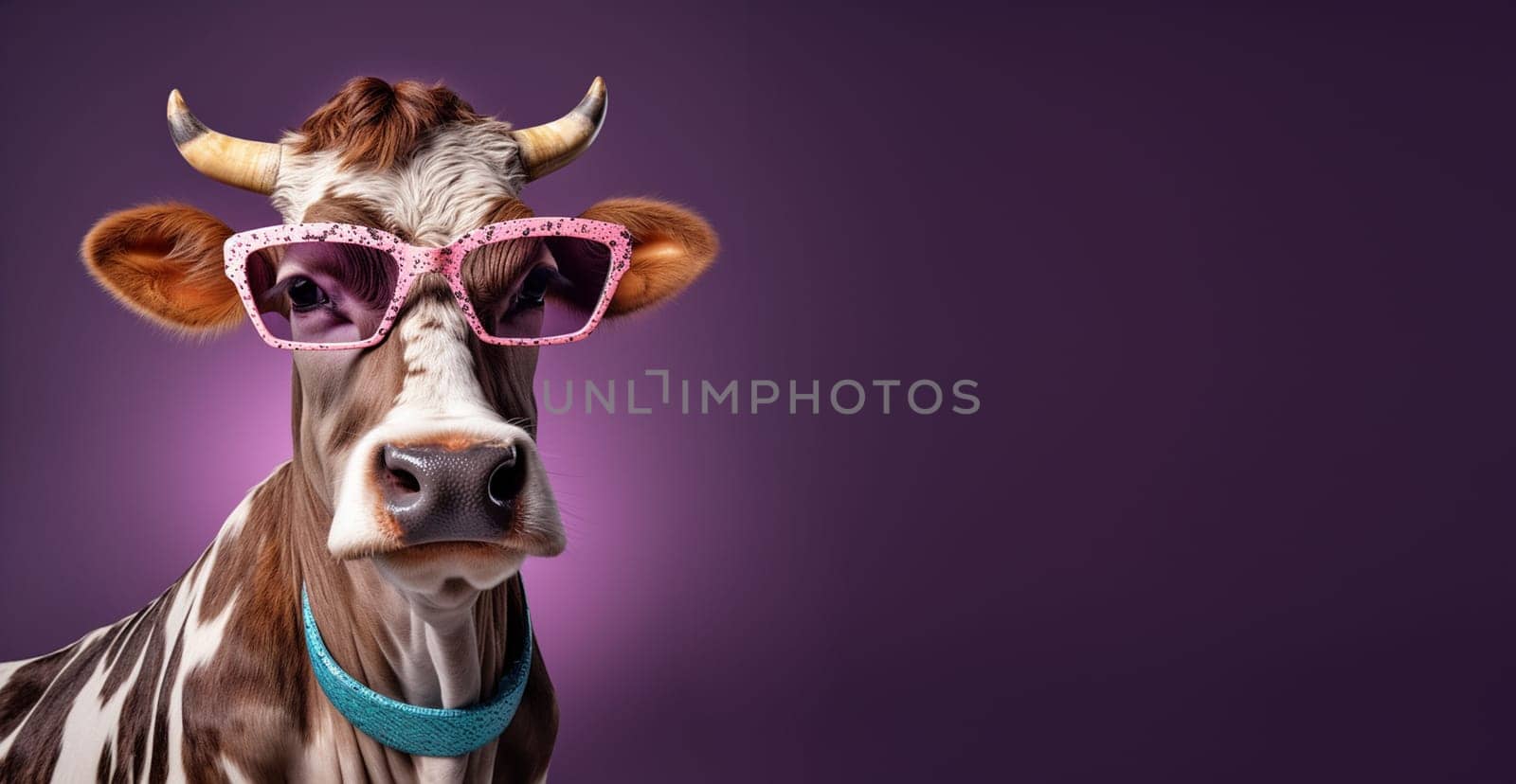 Cow wearing sunglasses in front of a blue background, surreal animal portrait, generative AI