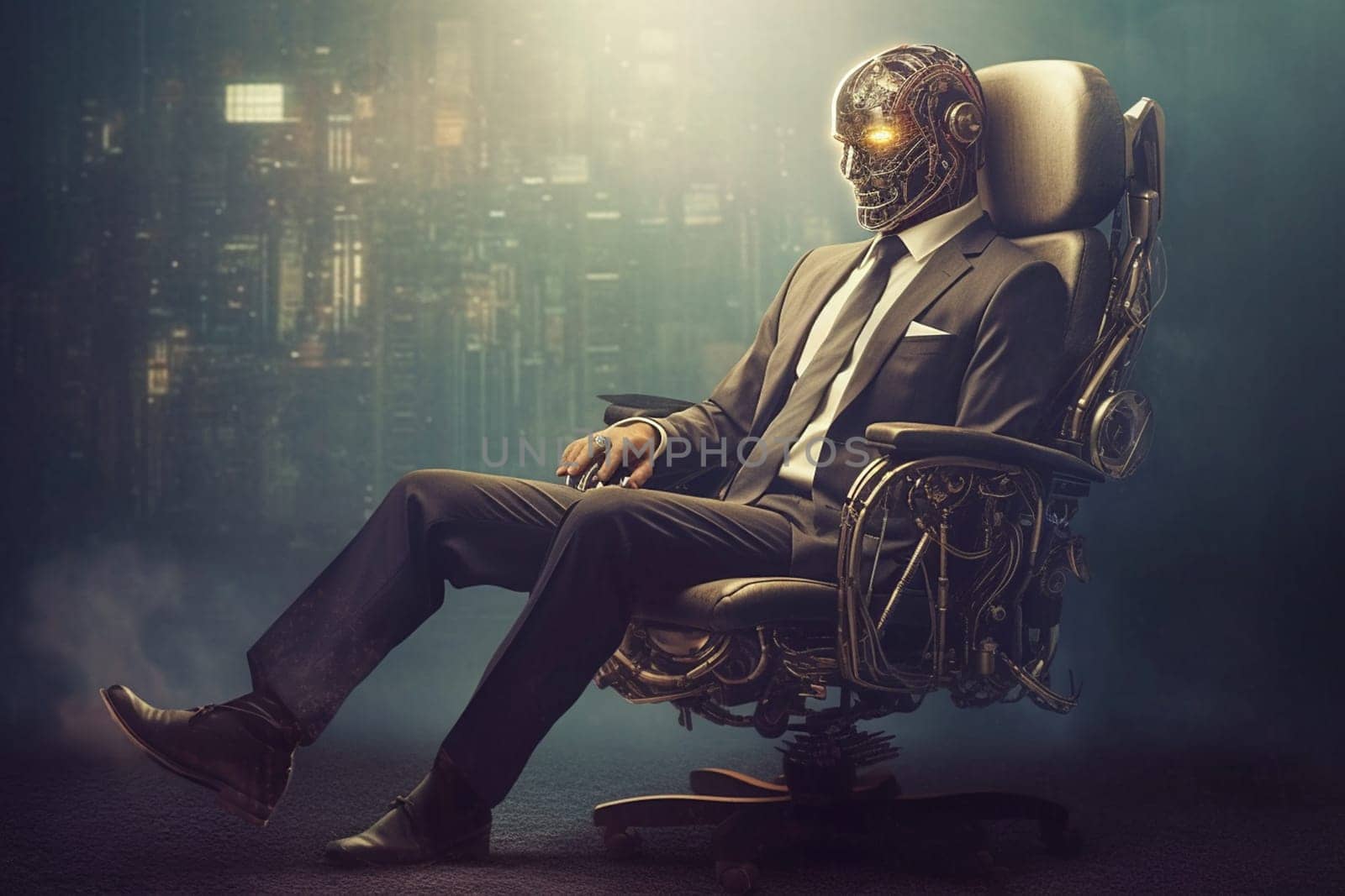 AI technology in competition with human resource, businessman manpower against cyborg machine, replacement of worker, generative AI
