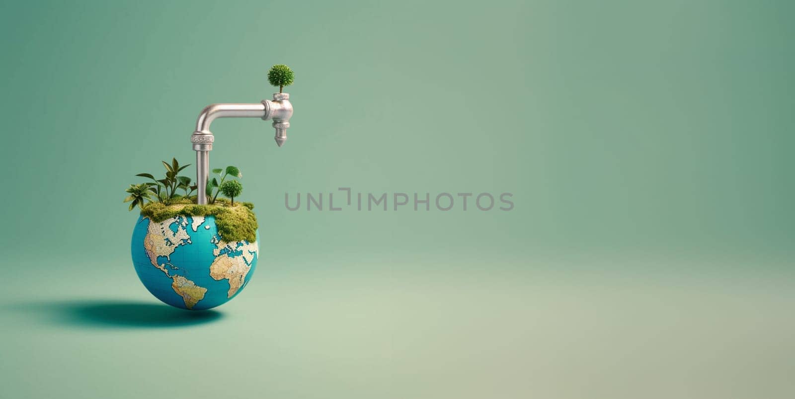 Water tap coming out of an oasis on planet earth, environment issue, scarcity of sustainable eco friendly resources, world water day, generative AI