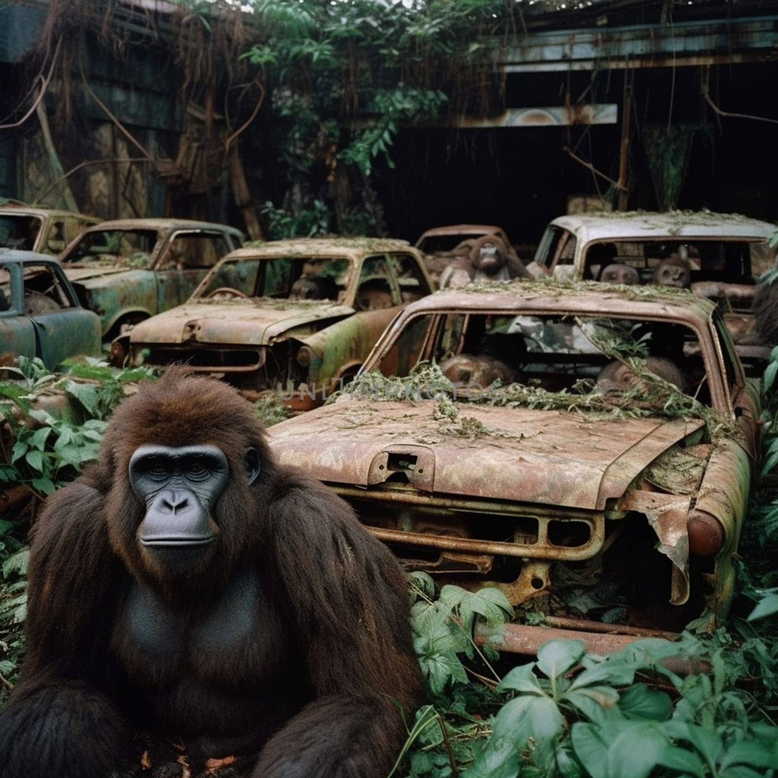 Gorilla with rusted cars on a parking spot in the jungle, disaster for wildlife animals, damage of the environment and ecosystem, industrial revolution, generative AI