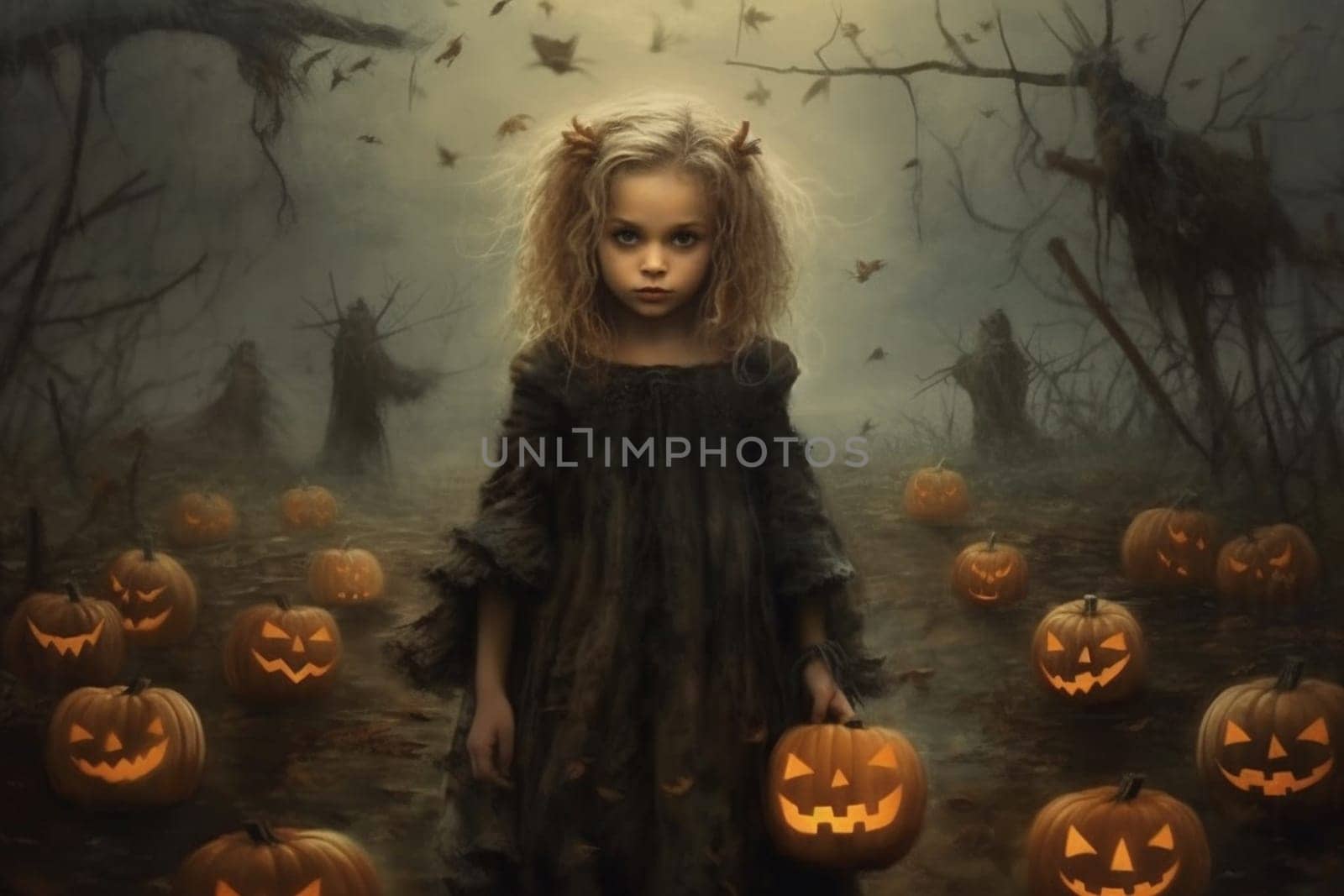 Girl with glowing pumkins in a mysterious , dark and scary night in autumn, Halloween holiday greeting card, generative AI