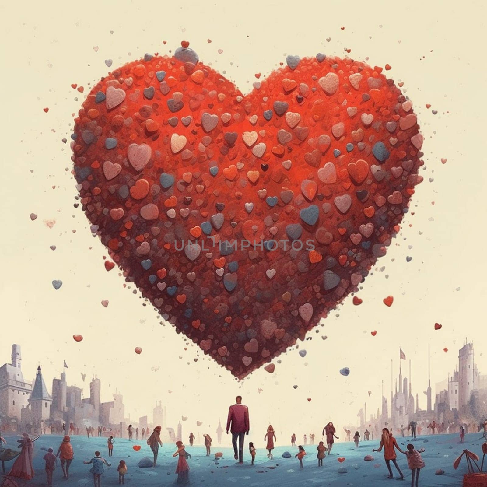 Crowd of people is building a heart, love, hope and charity concept, positive thinking, connecting for help and care, generative AI