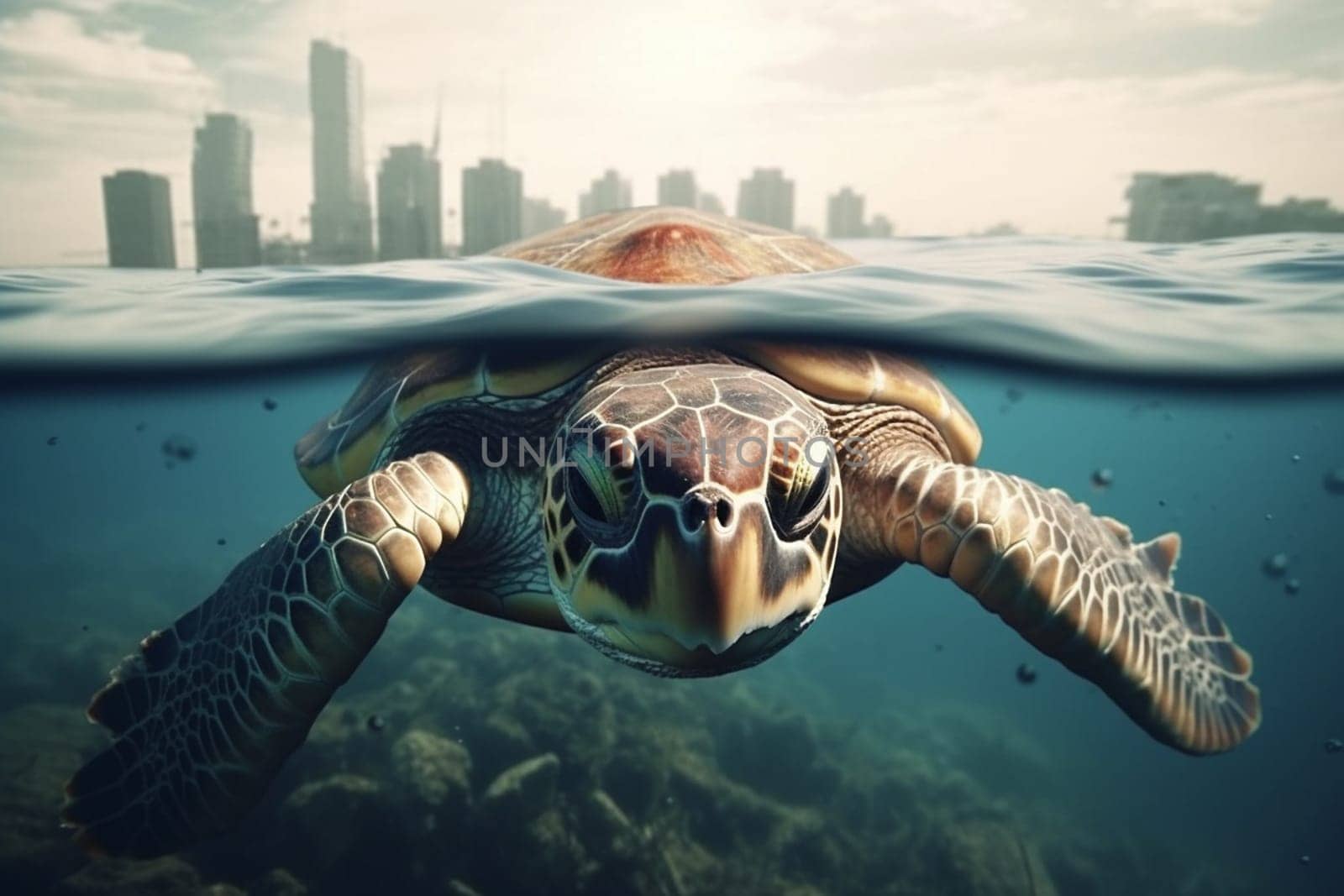 Sea turtle swimming in the ocean, big city above, environment pollution, danger to maritime animal, protect the habitat, generative AI