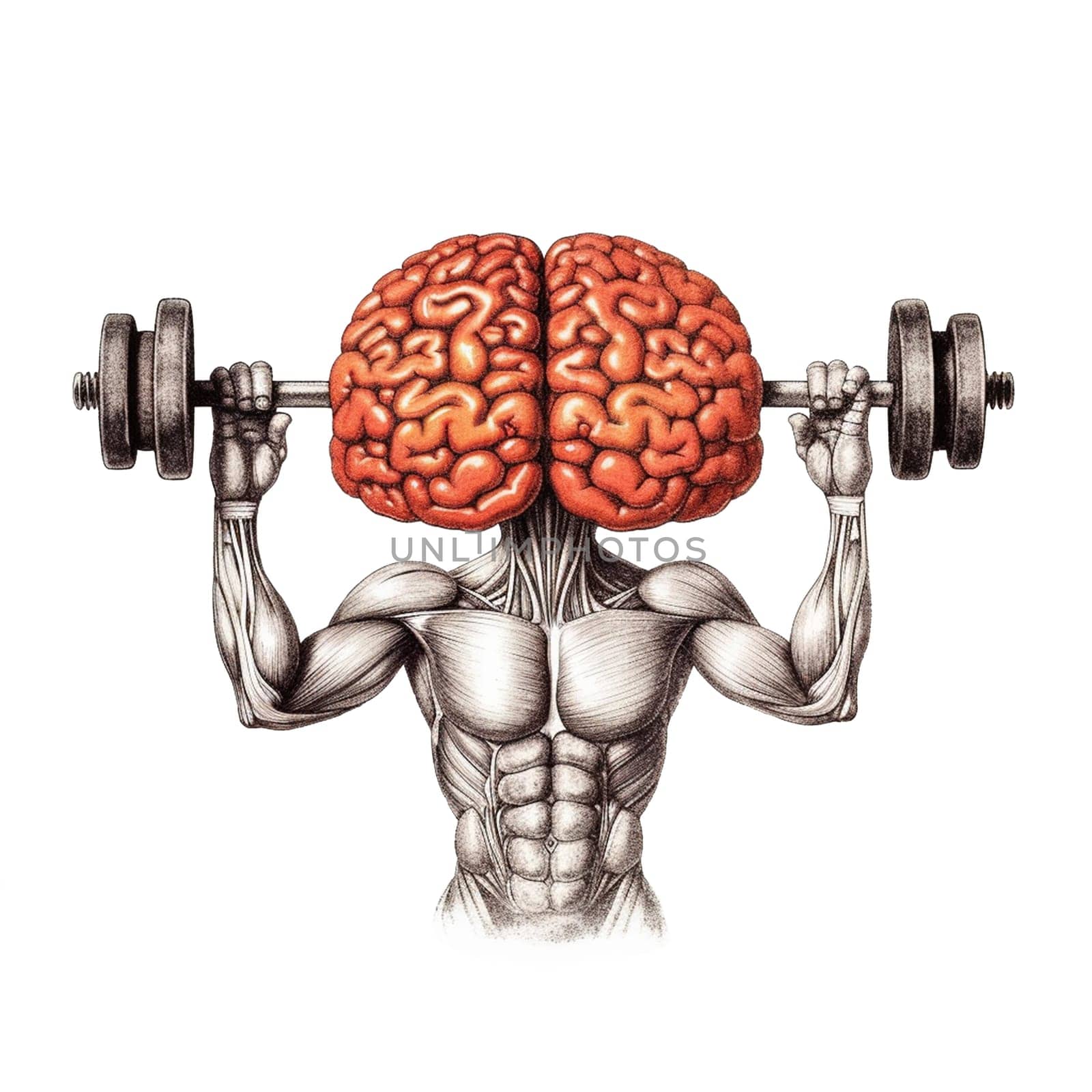 Human brain lifts weight with dumbbell, memory and mind training, brain power and mindset, generative AI