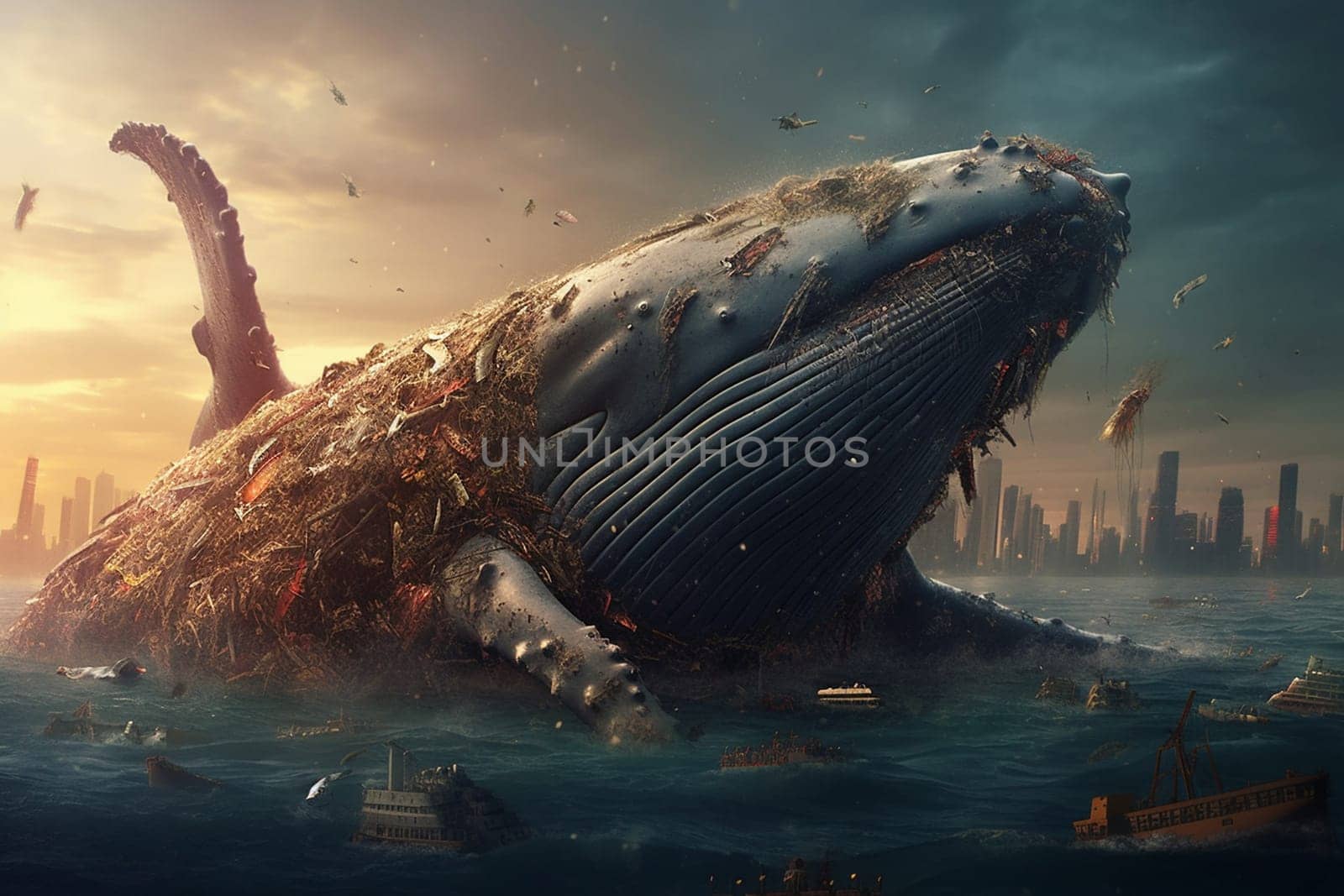 Pollution of the ocean, whale covered with waste, filthy water, damage of the environment, disaster for maritime wildlife, generative AI