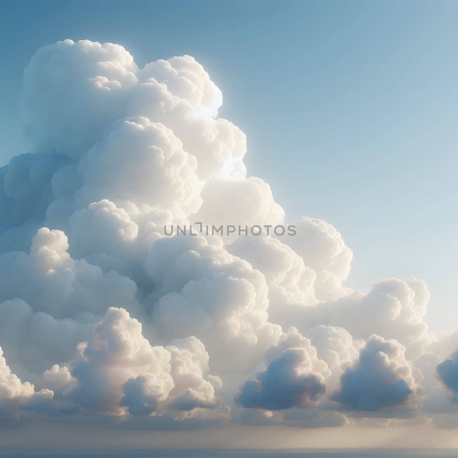 Fluffy, towering clouds illuminated by soft sunlight against a clear blue sky, showcasing the beauty of nature's formations Generative AI