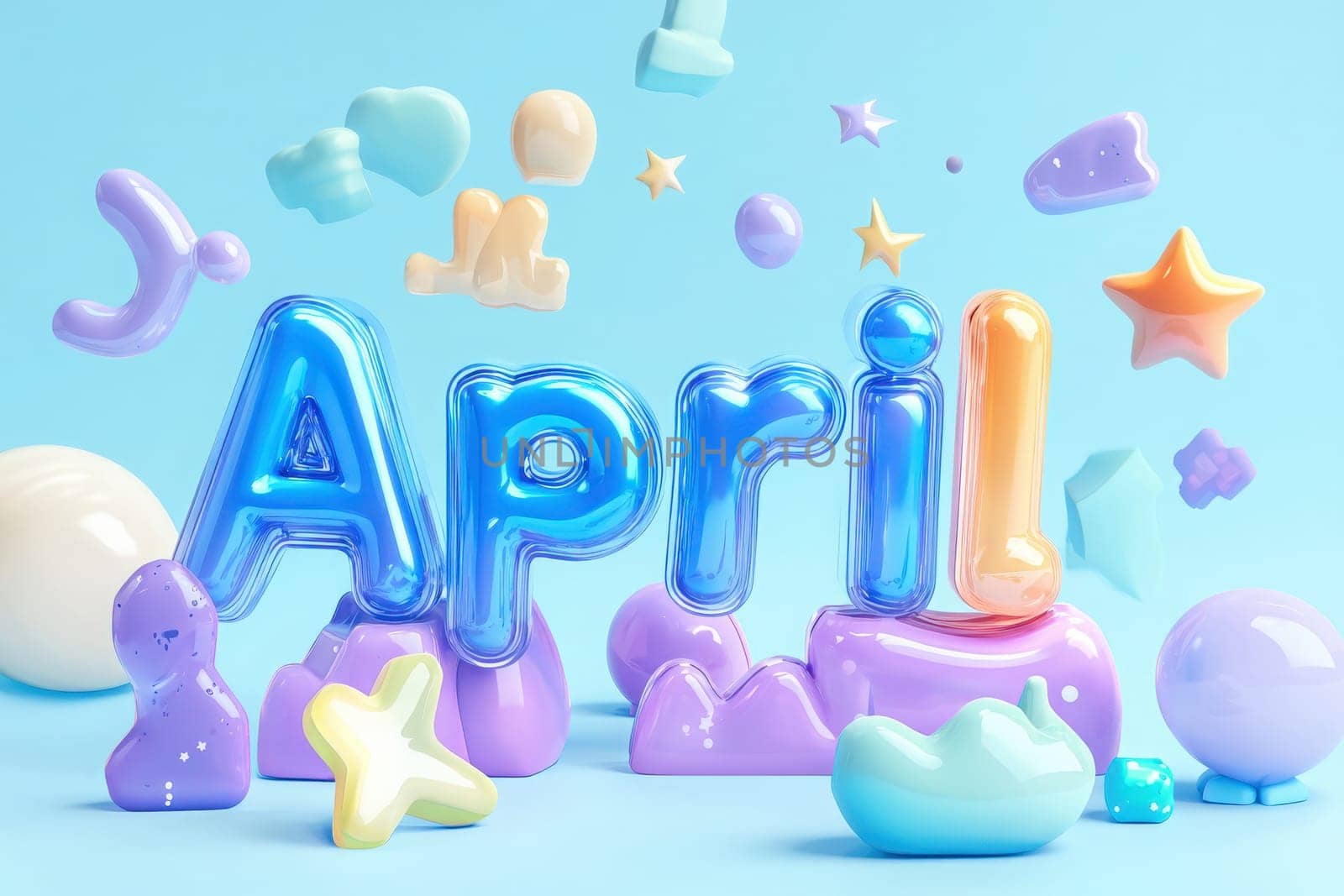 A vibrant display highlights the word April surrounded by assorted playful shapes in pastel colors. The background features a soft blue tone that enhances the cheerful atmosphere.
