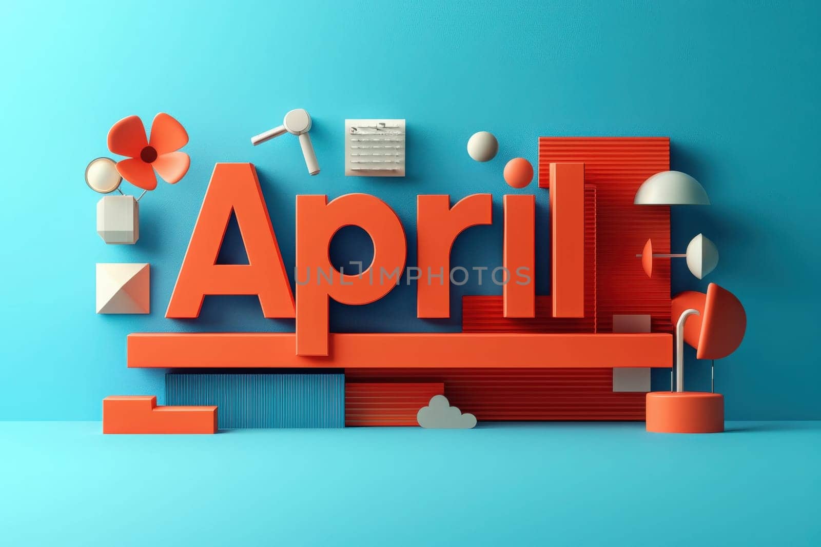 Bright and playful display featuring the word April in bold orange letters, surrounded by various geometric shapes and colorful elements against a blue backdrop, creating a cheerful ambiance.