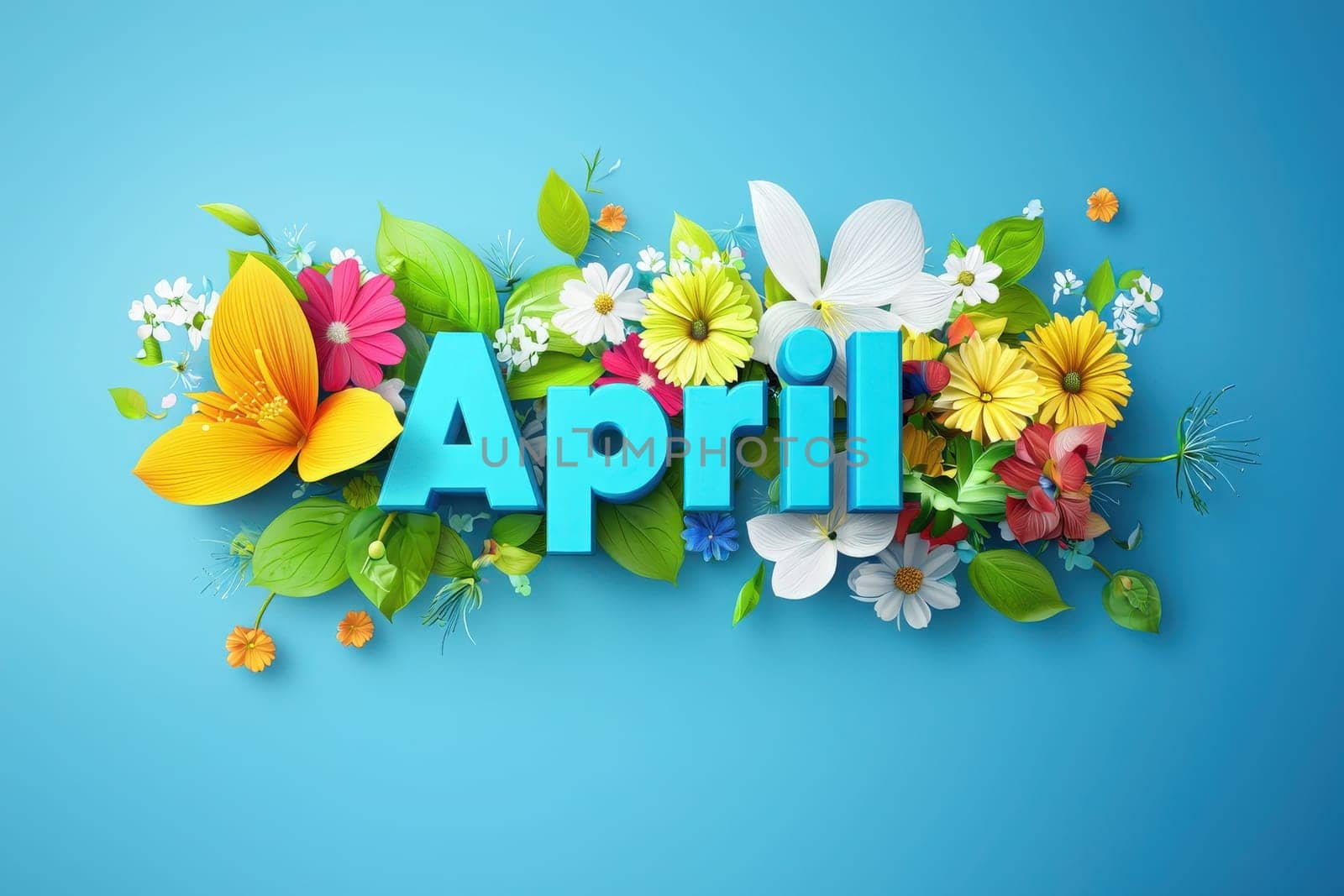 Colorful flowers and green leaves surround the word April, creating a vibrant display. The arrangement features various blossoms, symbolizing spring and renewal in a cheerful way.