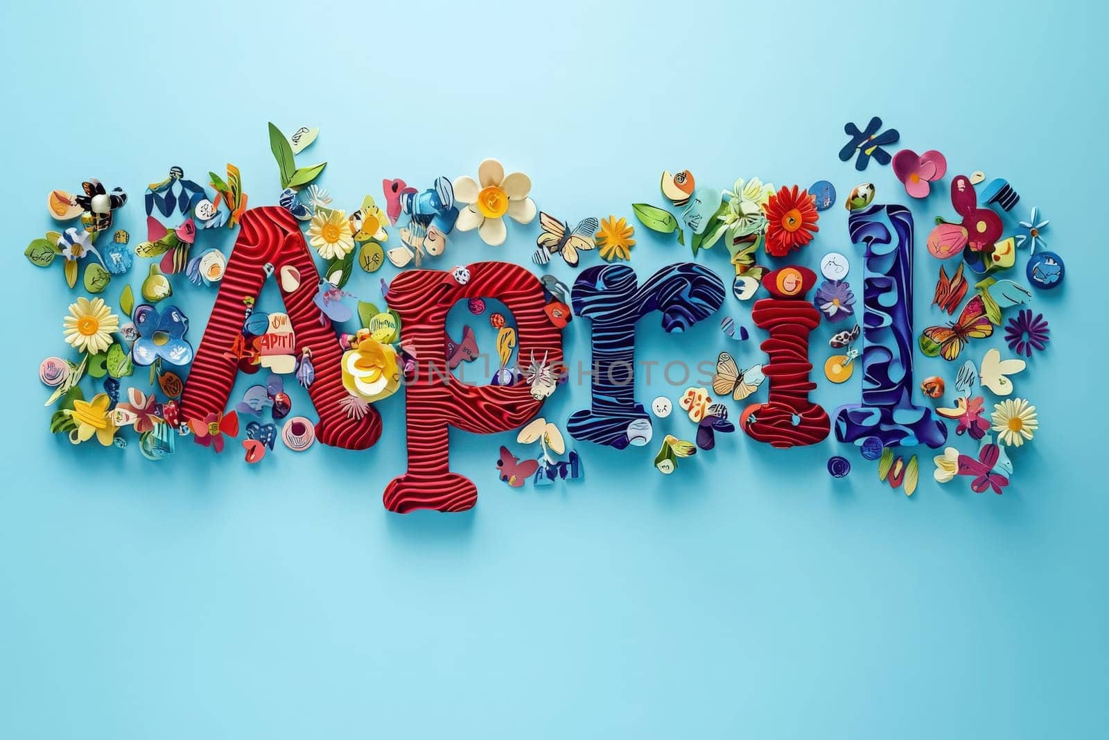 Vibrant arrangement of the word April crafted from various colorful materials, surrounded by flowers and artistic embellishments on a light blue backdrop, creating a cheerful spring atmosphere.