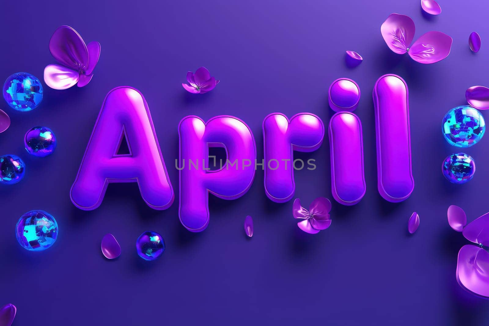 The vibrant word April is prominently displayed in bold purple letters, surrounded by sparkling blue gems and delicate pink petals, creating a festive atmosphere suitable for spring.