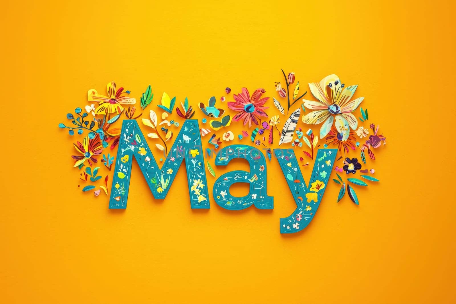The design features the word May crafted from colorful paper cut-outs, adorned with various flower and leaf shapes.