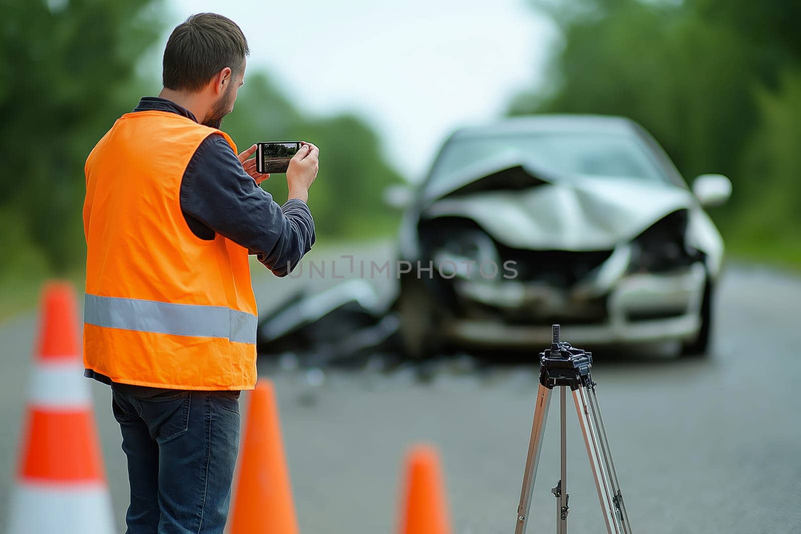 An officer in a safety vest documents a car accident scene, focusing on the damaged vehicle and surrounding area