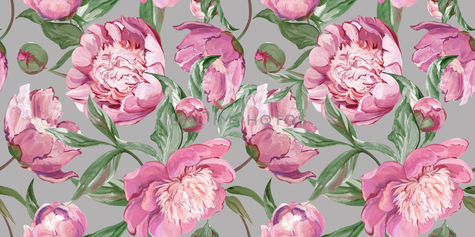 Botanical seamless pattern with peonies and sakura branches drawn in gouache for textile and design