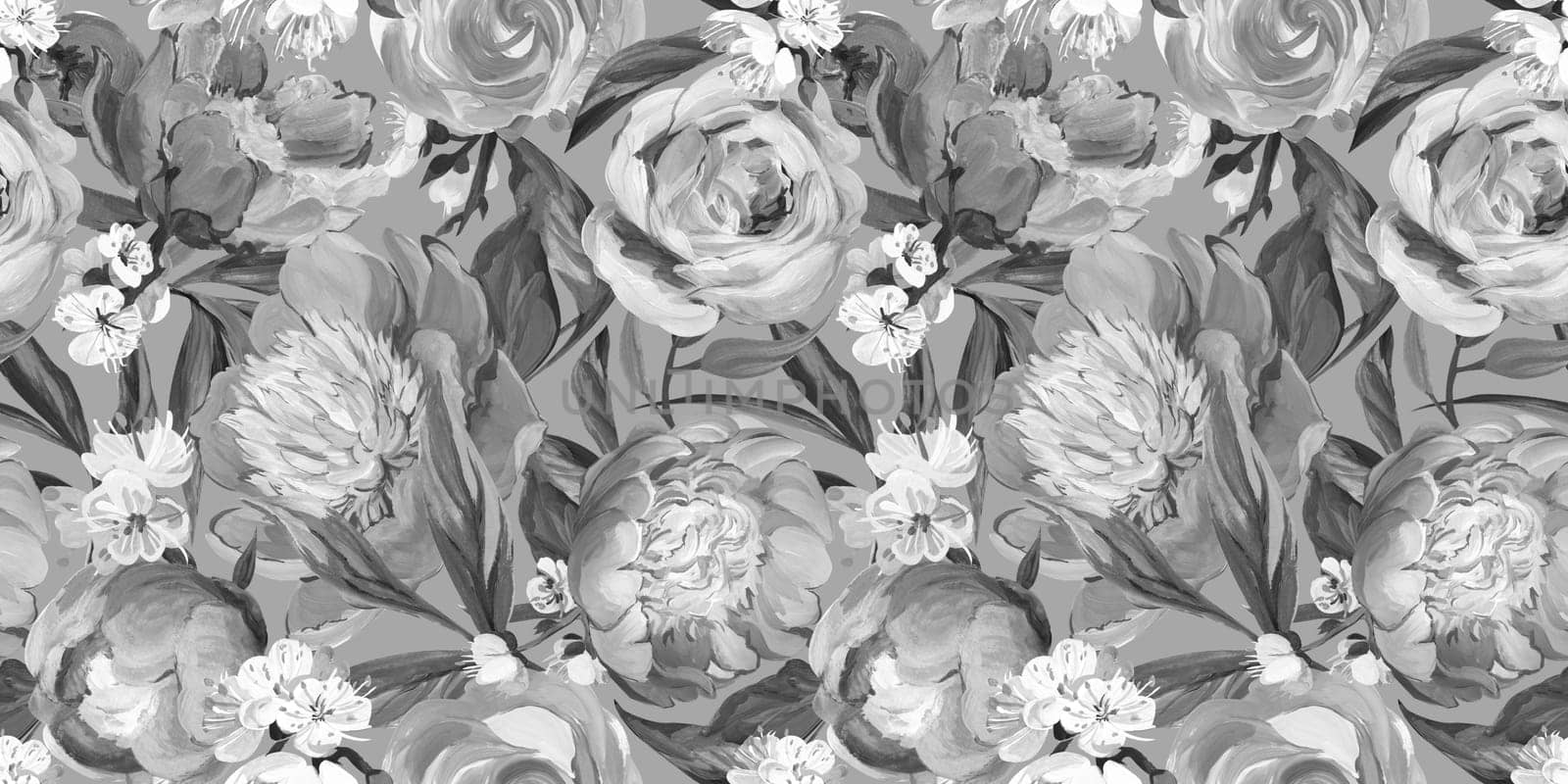 Seamless monochrome spring pattern drawn in gouache with pink peonies for trxtile