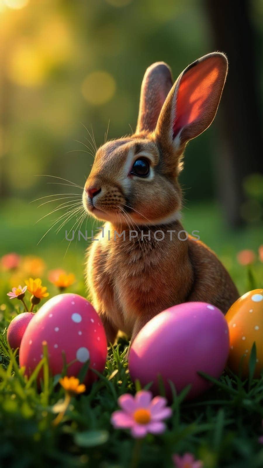 Adorable bunny sitting on vibrant grass surrounded by colorful Easter eggs and blooming flowers, creating joyful atmosphere filled with springtime cheer and love. Perfect for festive greetings