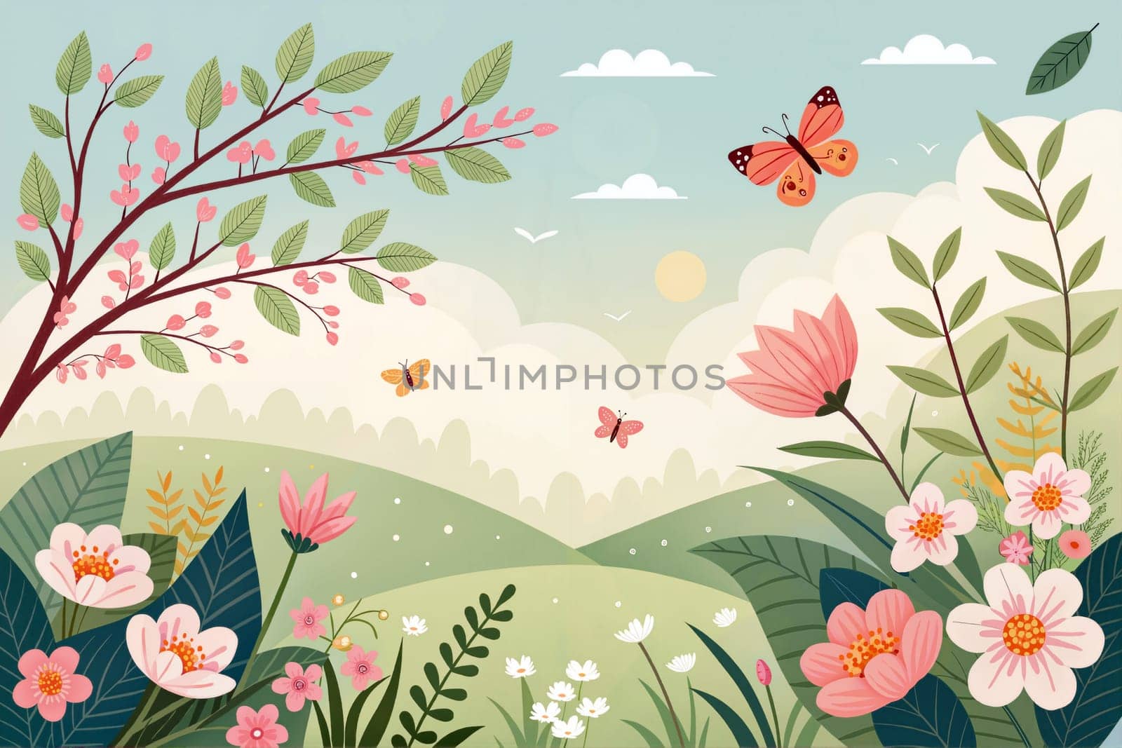A vibrant spring scene features blooming flowers, fluttering butterflies, and lush greenery under a bright sky with gentle clouds. Generative AI.