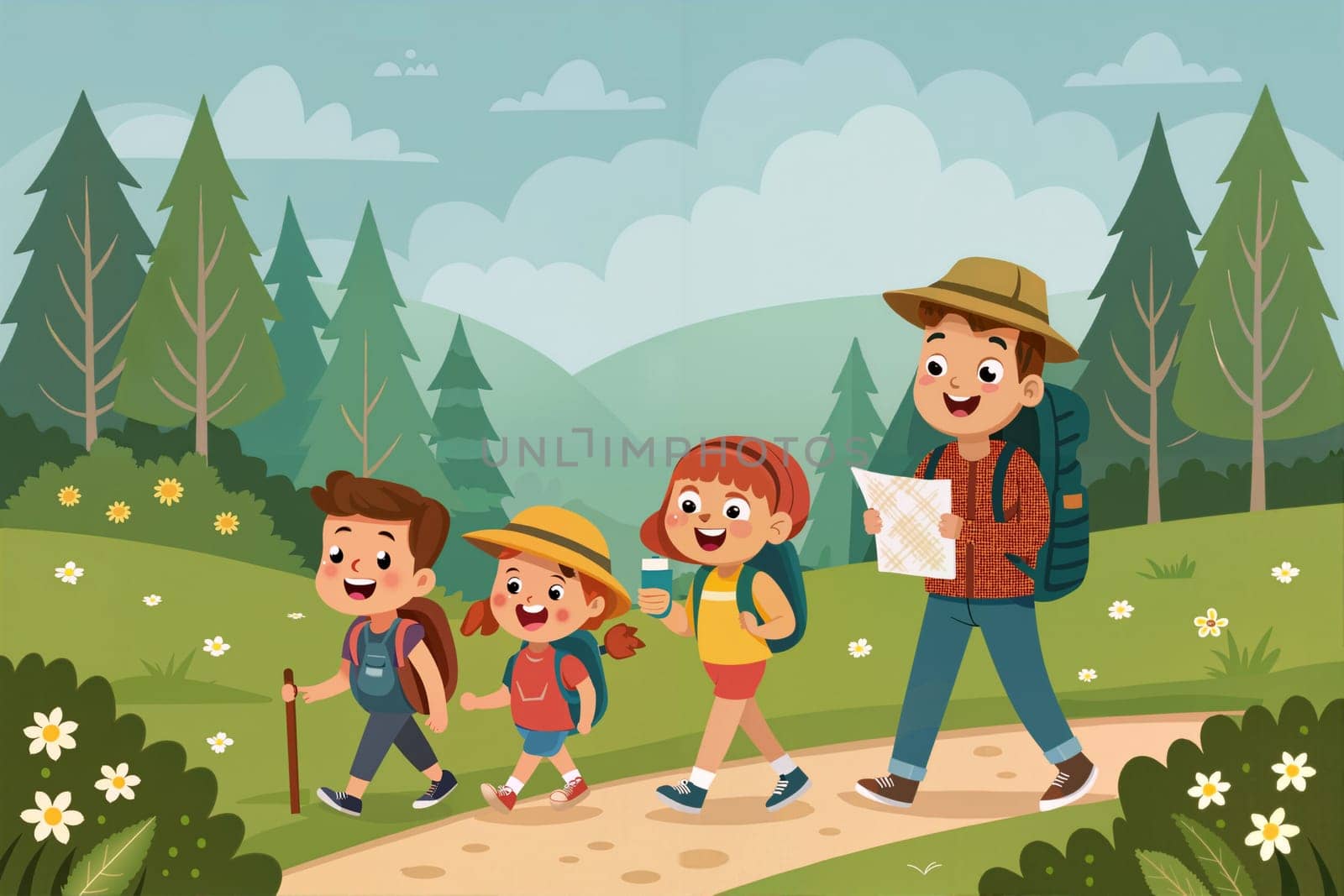 A group of children and an adult enjoy hiking through a lush forest, discovering trails and sharing excitement on a bright day. Generative AI.