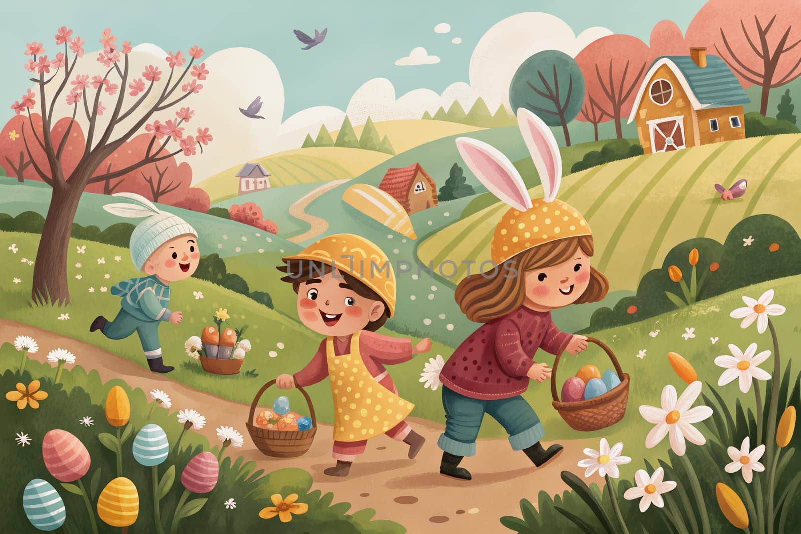 Three children wearing bunny hats race along a path, carrying baskets filled with colorful Easter eggs - colorful illustration - Generative AI.