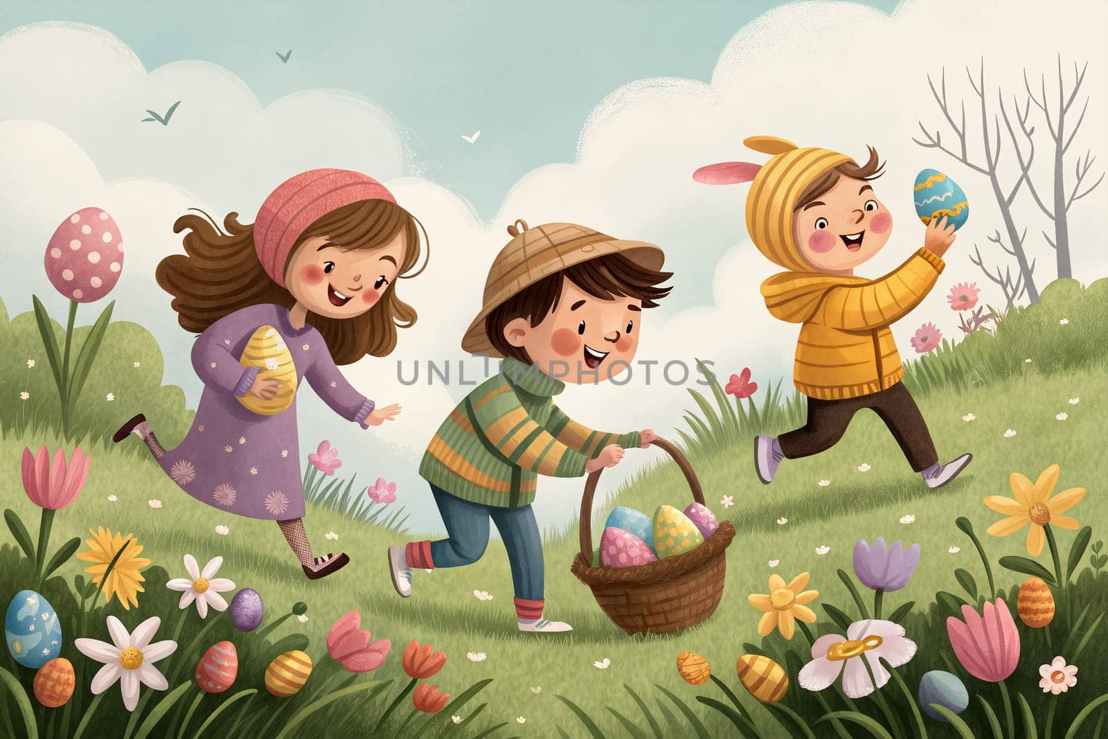 Three children run happily through a colorful field, collecting Easter eggs in a basket while surrounded by blooming flowers and playful clouds - colorful illustration - Generative AI.