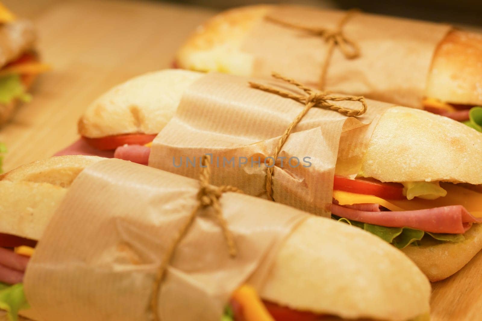 Delicious sandwiches packed neatly for customers at lunchtime.