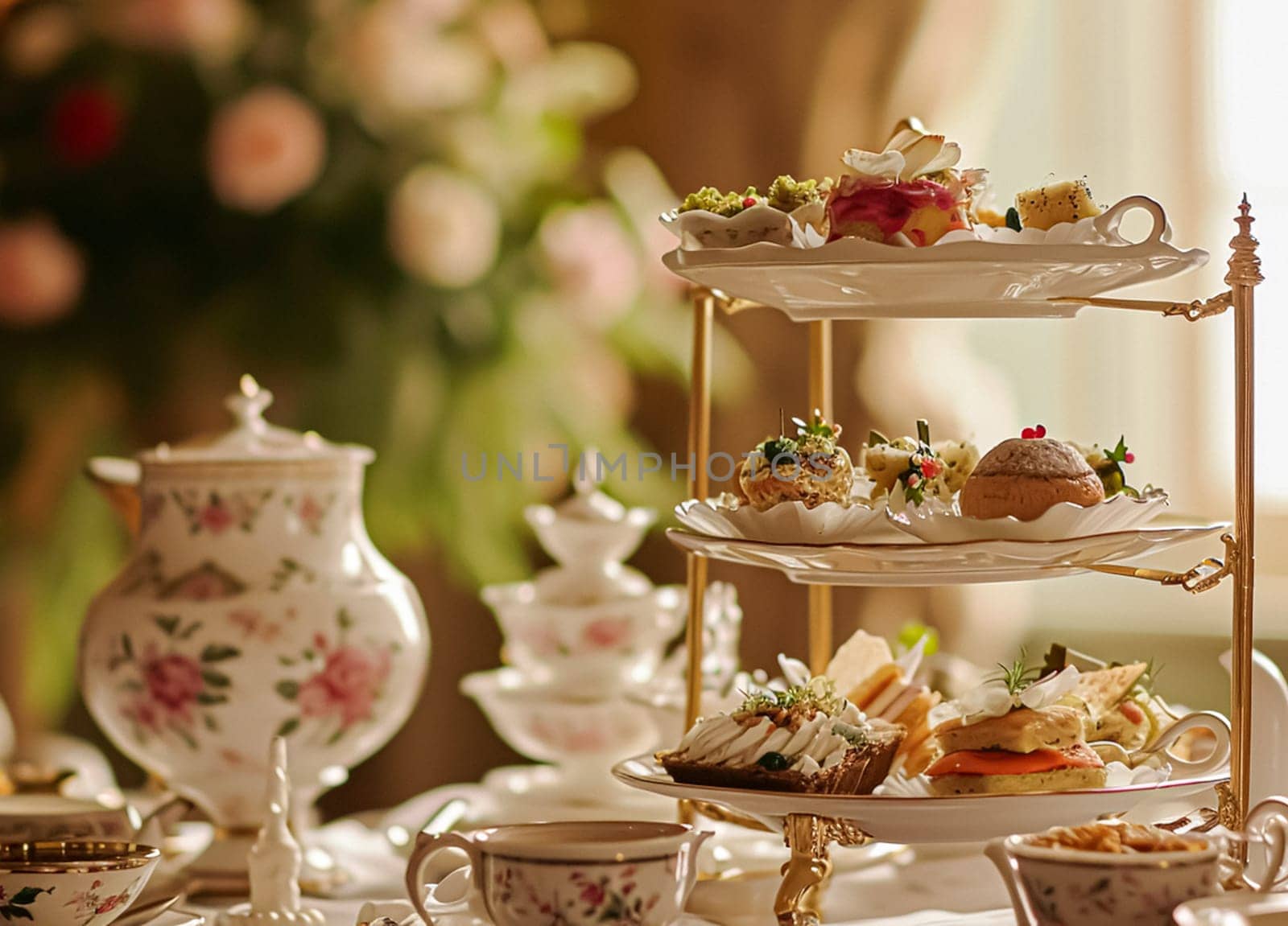 Elegant table setting for tea party with cakes and cupcakes in English manor. Selective focus. Vintage style