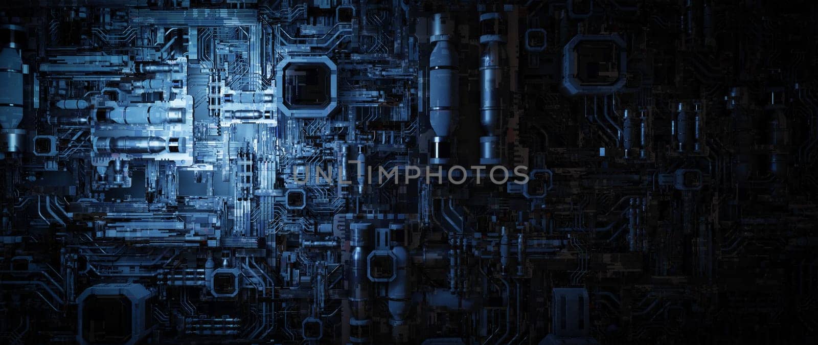 A 3D rendered image of abstract digital circuitry in dark blue hues representing the complexity and connectivity of modern technology.