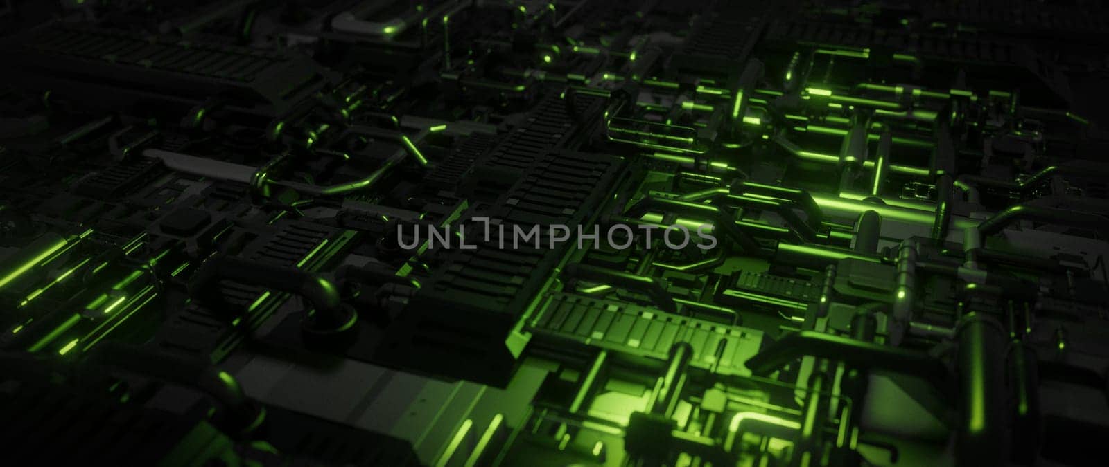 A close-up view of abstract futuristic green circuitry, showcasing a complex network of wires and lines. The green glow highlights the intricate details of the digital landscape, emphasizing technology and innovation.