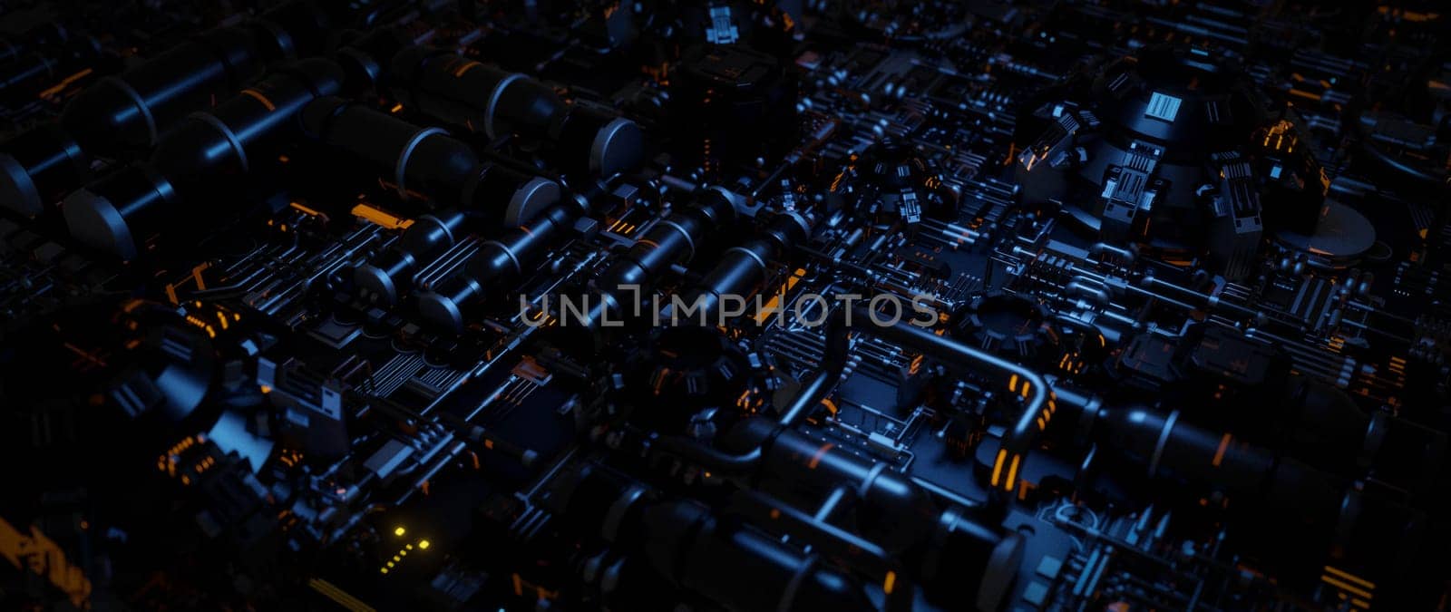 Abstract illustration of futuristic technology with intricate circuitry and glowing elements, creating a mesmerizing and futuristic aesthetic.