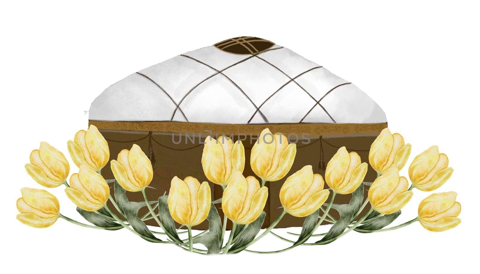 Nauryz watercolor. Composition of tulips and a yurt in the center. Hand drawn festive elements of the Kazakh holiday Navruz. Ideal for cards and banners for March 22. High quality illustration