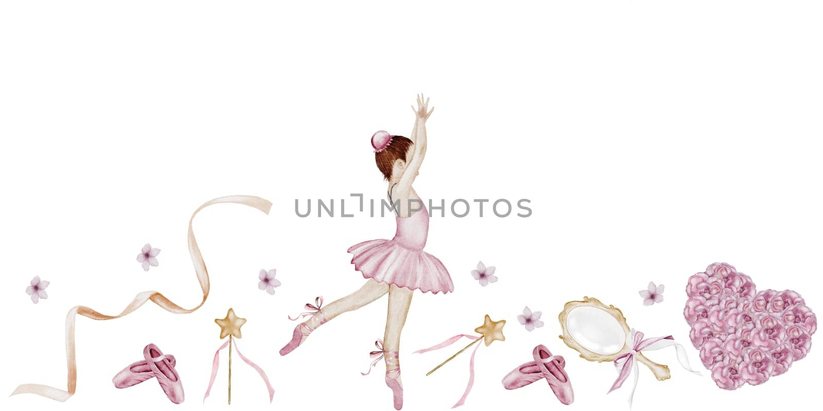 Ballet watercolor seamless border. Hand drawn cute ballerina in pink tutu and pointy shoes. Dancer, mirror, flowers and ribbon. Vintage drawing on white background. Perfect for poster and card for ballet school or baby shower