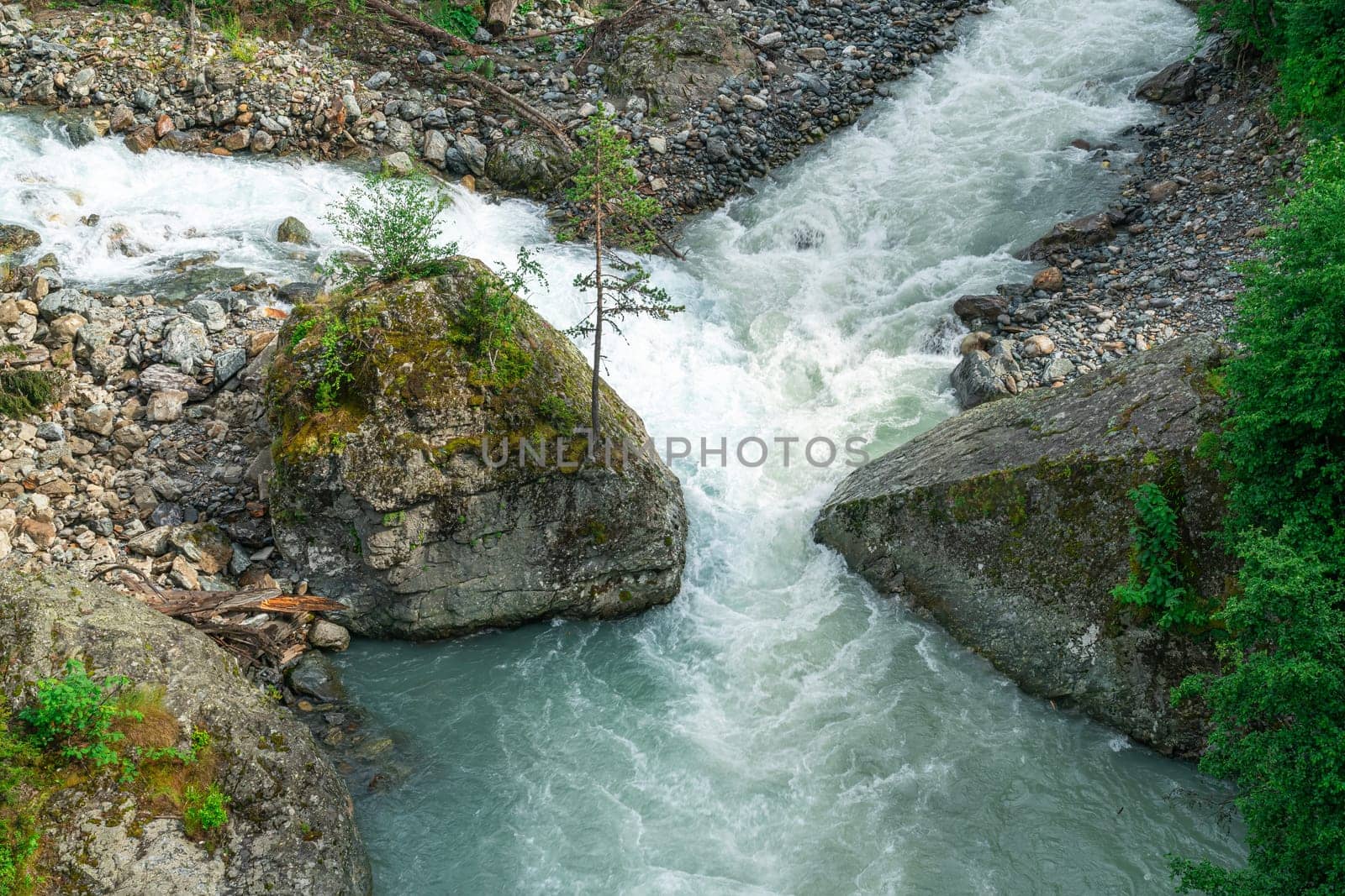 Swift river waters cascade between rocky outcrops, creating a dynamic flow. Surrounding vegetation thrives in this serene, natural environment. The scene captures the beauty of untouched wilderness.