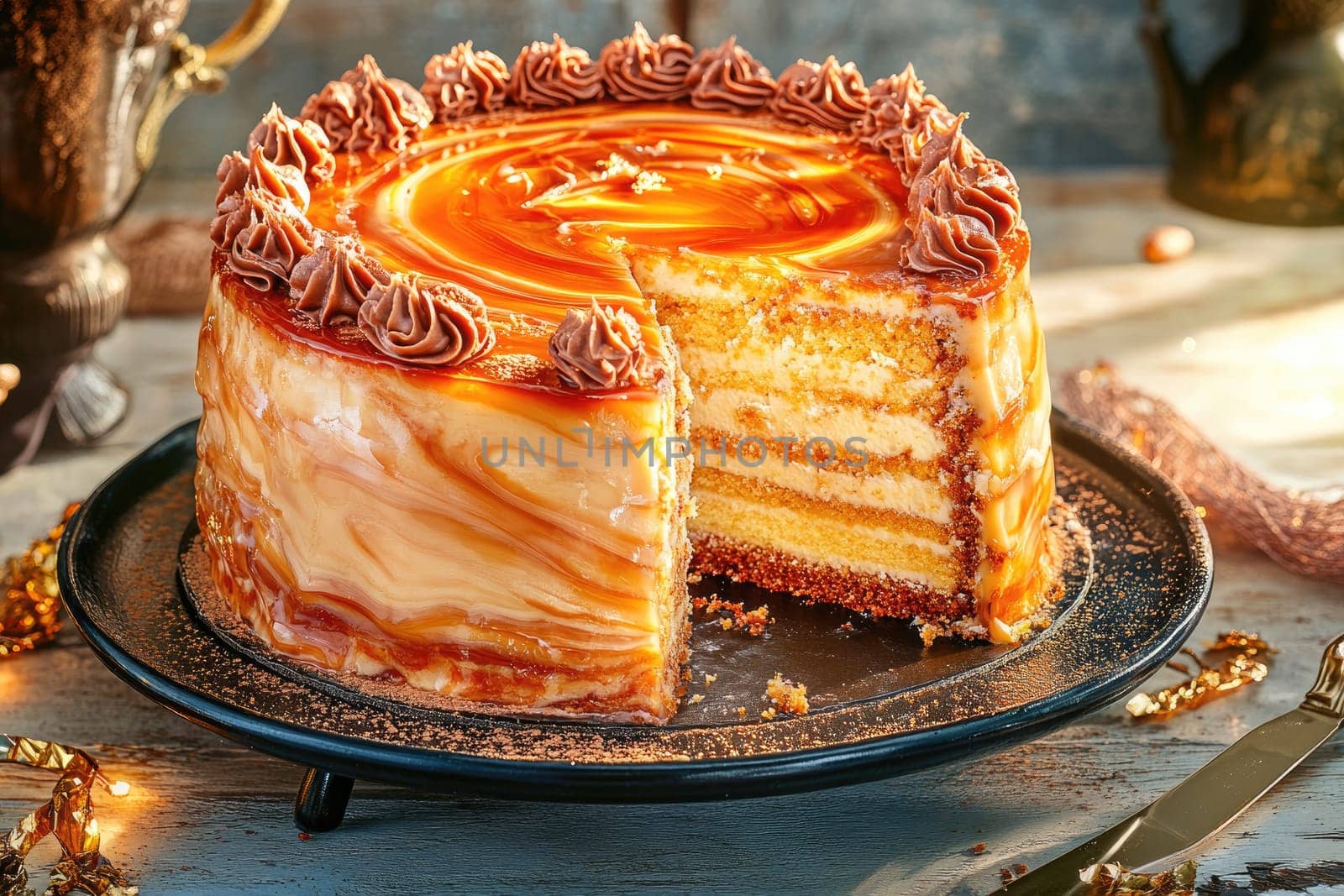 A beautifully decorated layered cake with caramel swirls and chocolate frosting sits on a decorative platter. The surrounding ambiance is warm and inviting, perfect for a celebration.