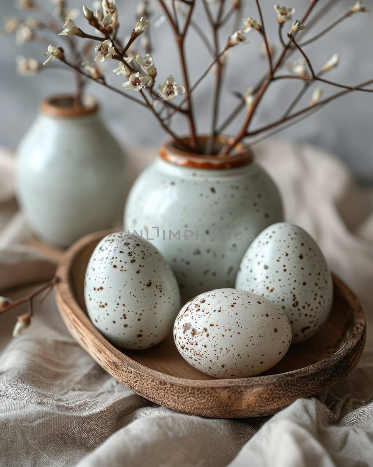 A wooden platter displays three decorative speckled eggs, accompanied by a small vase filled with delicate branches. The arrangement is set on a soft fabric backdrop, creating a tranquil atmosphere.