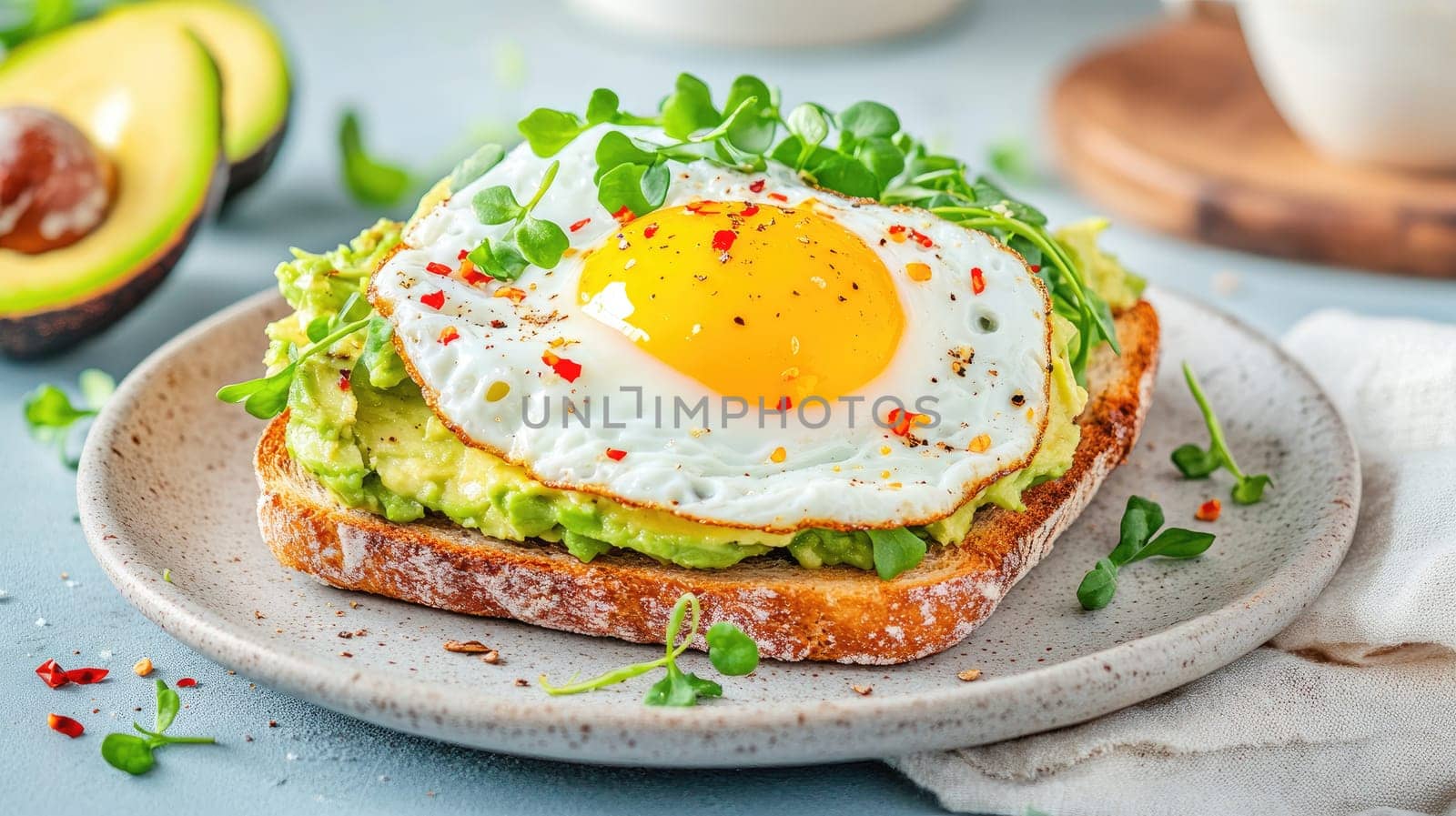 Avocado toast garnished with a perfectly cooked sunny-side up egg on whole grain bread. Microgreens and spices enhance the presentation, making it an appealing meal option.