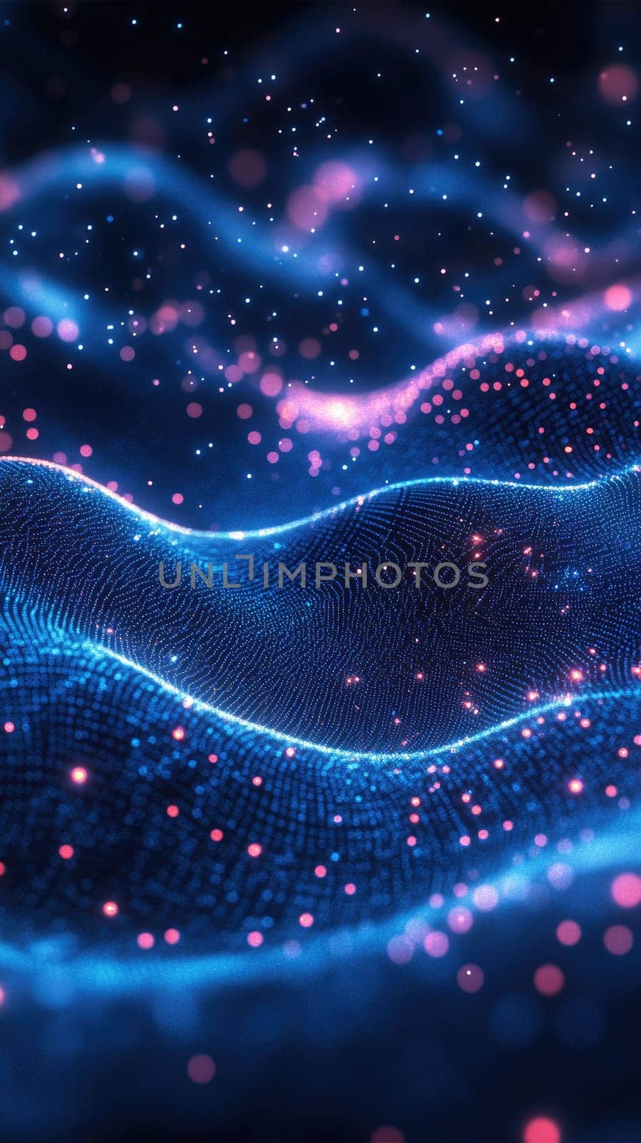 Dynamic waves of colors undulate across a dark backdrop, illuminated by twinkling particles. The scene evokes a sense of movement and depth, showcasing a captivating digital landscape.