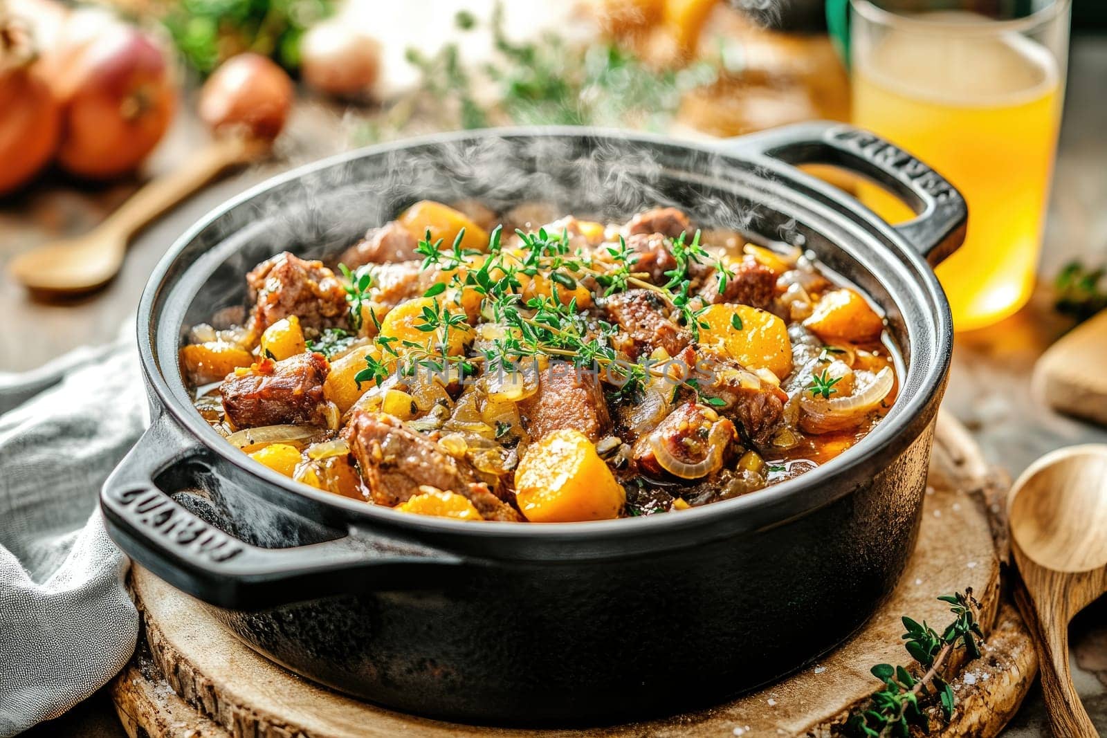 A cast iron pot filled with a rich stew is steaming on a wooden surface. Fresh herbs and seasonal vegetables accentuate the dish, evoking warmth and comfort in a rustic kitchen atmosphere.