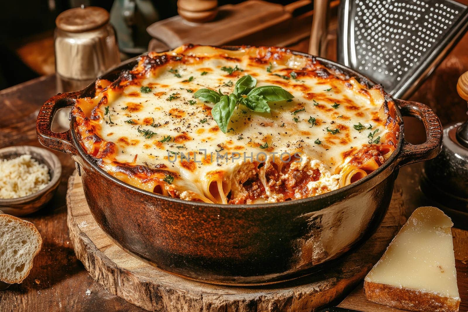 A mouthwatering lasagna is presented in a cast-iron dish, bubbling with cheese and topped with fresh basil. A rustic wooden table enhances the cozy atmosphere.